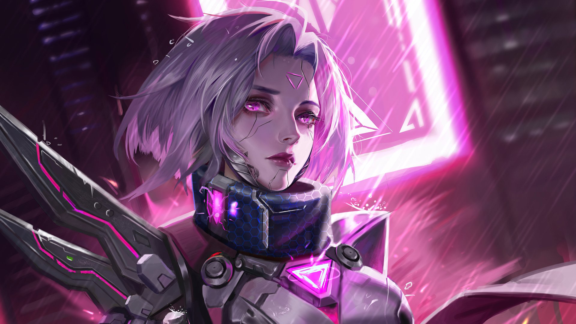 A futuristic cyberpunk character with short white hair and glowing pink eyes, set against a neon-lit sci-fi background, designed as an HD PC desktop wallpaper.