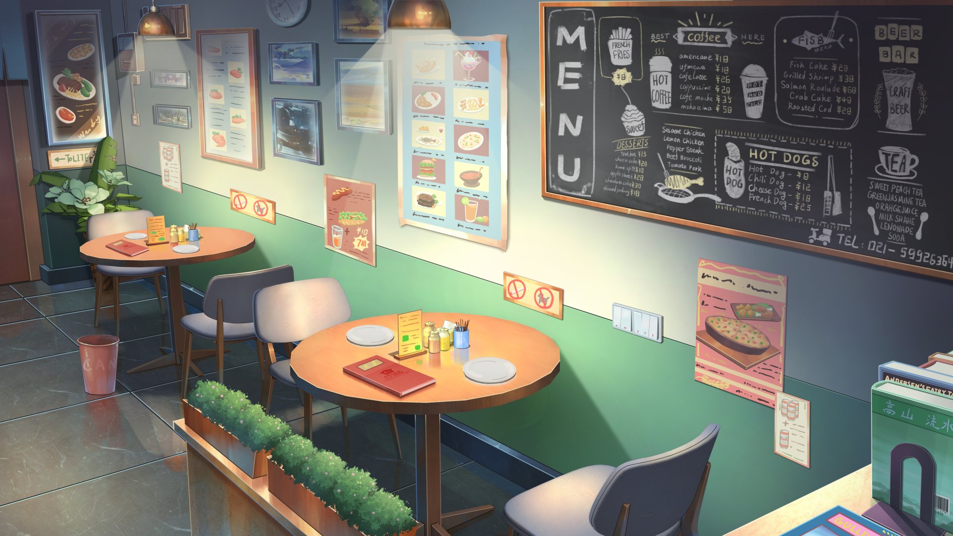 Anime-style cozy cafe interior featuring round tables, chairs, a detailed menu board, and warm lighting, rendered as a 4K Ultra HD PC desktop wallpaper.