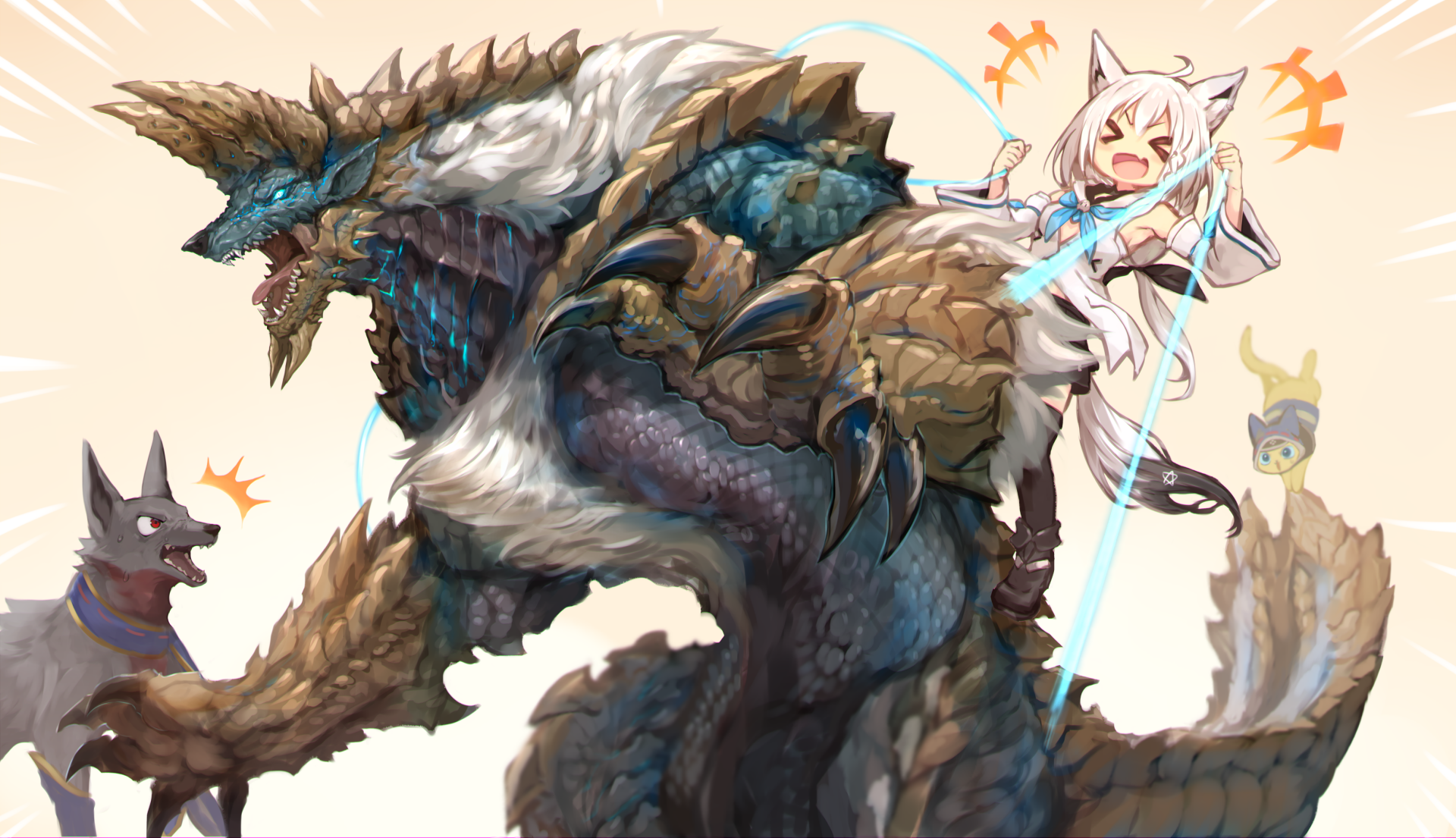Anime-style HD PC wallpaper featuring Shirakami Fubuki from hololive playfully interacting with a large, armored dragon and two smaller wolf-like creatures.