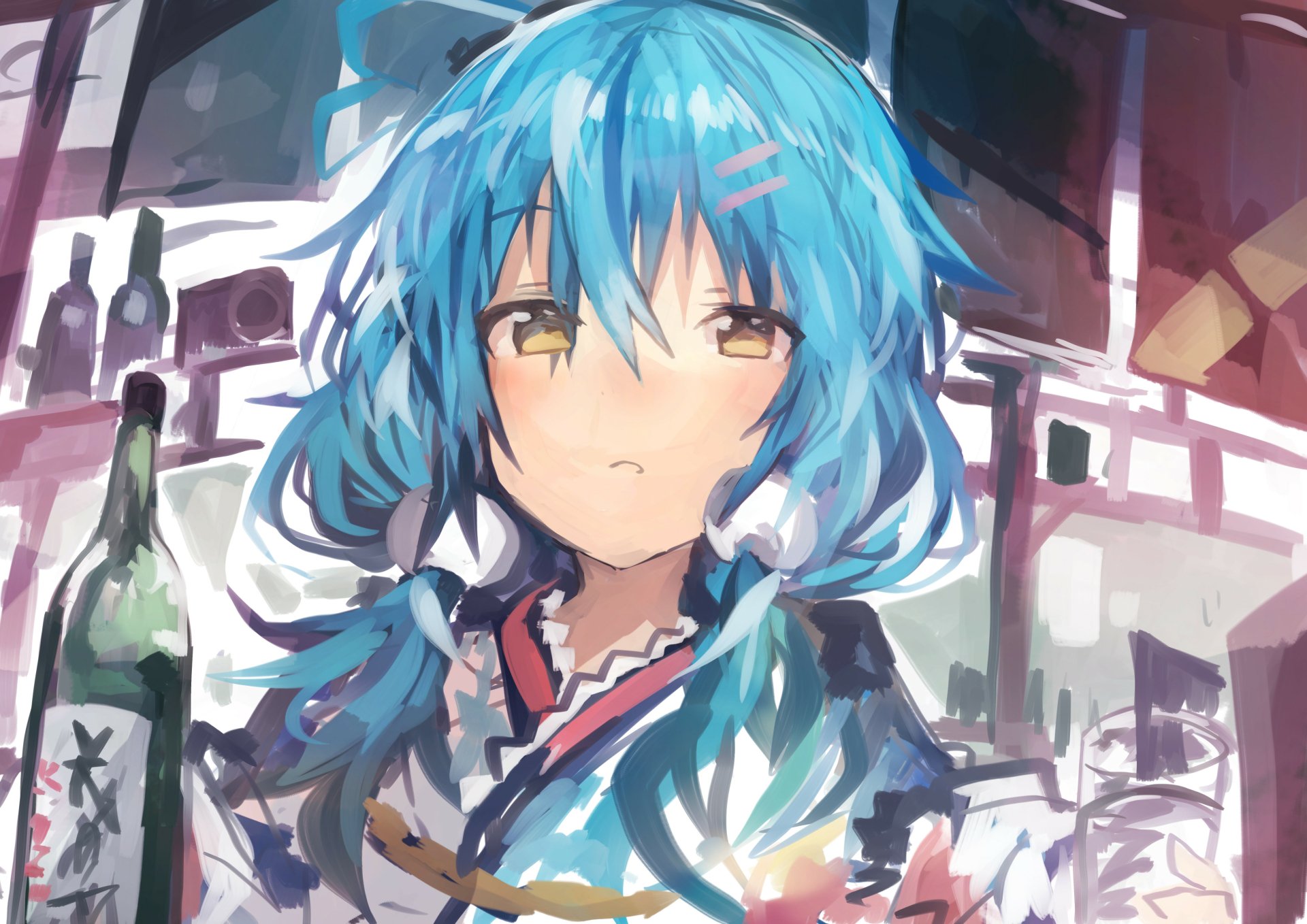 Anime-style 4K Ultra HD wallpaper featuring Yukihana Lamy, a Virtual YouTuber from hololive, with blue hair and a calm expression amidst a bar setting.