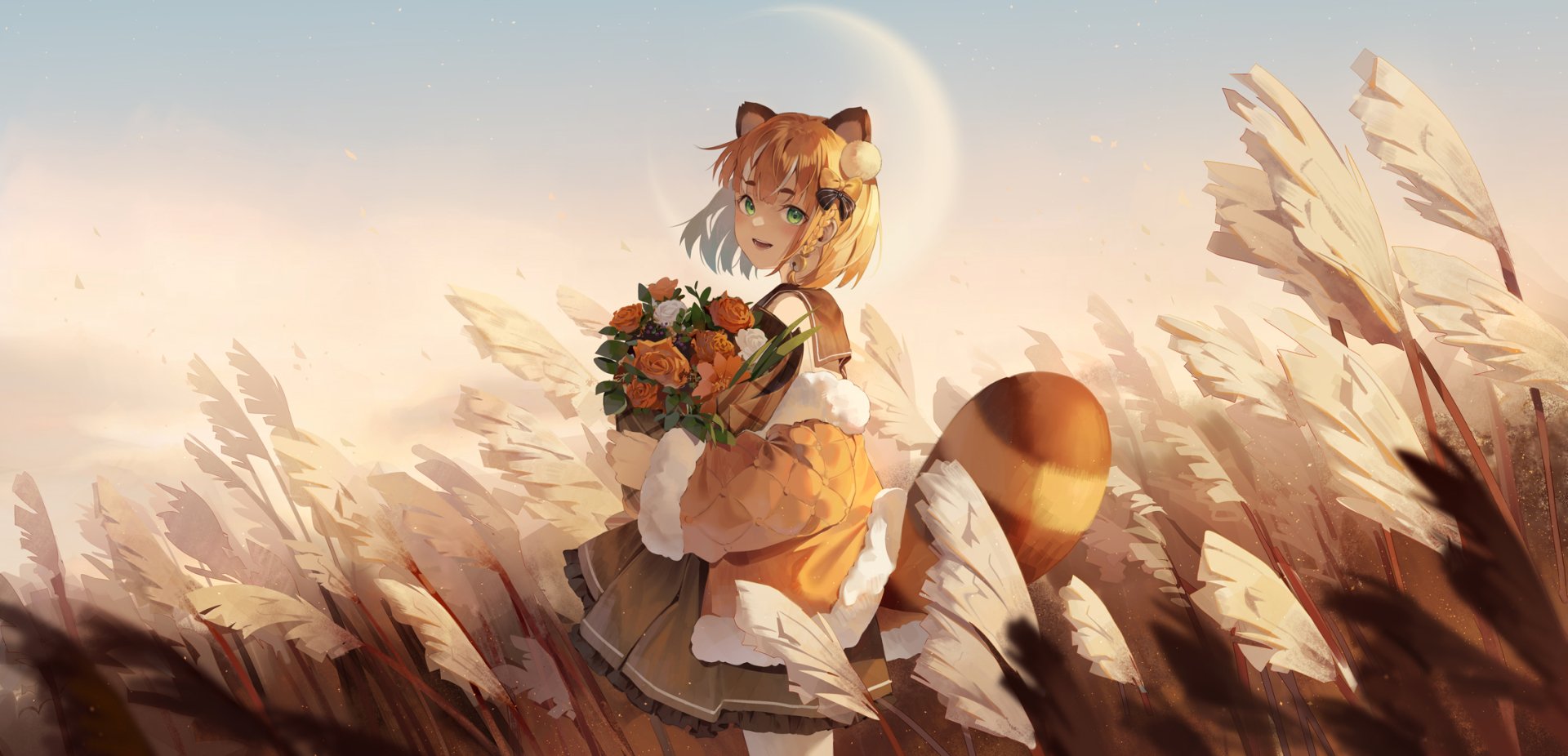 HD PC wallpaper of an anime girl with short hair, green eyes, animal ears and a striped tail, holding a bouquet of orange flowers amid sunlit tall grasses beneath a pale sky.