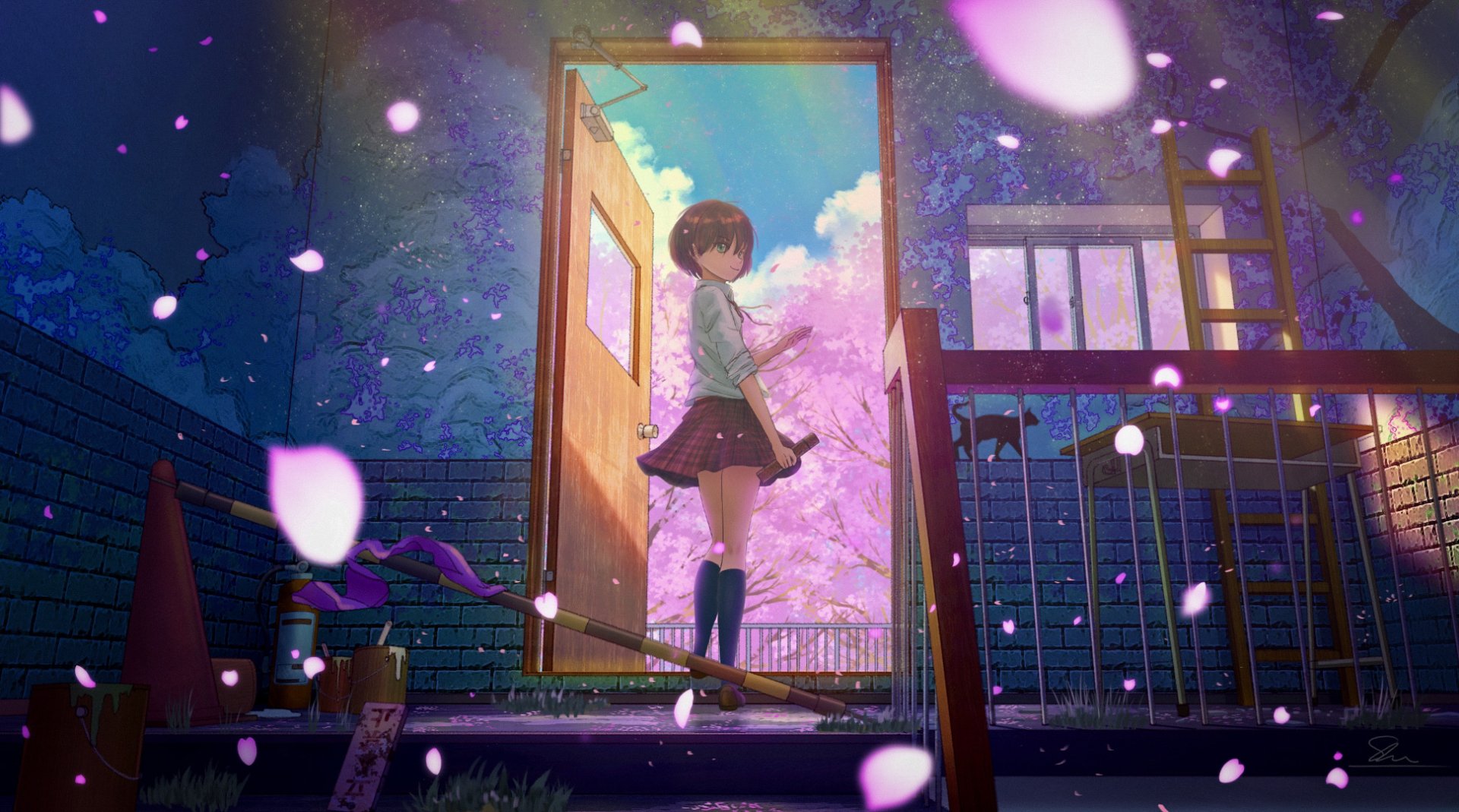 HD anime desktop wallpaper featuring a short-haired girl standing in a doorway framed by blooming sakura petals under a vibrant sky.