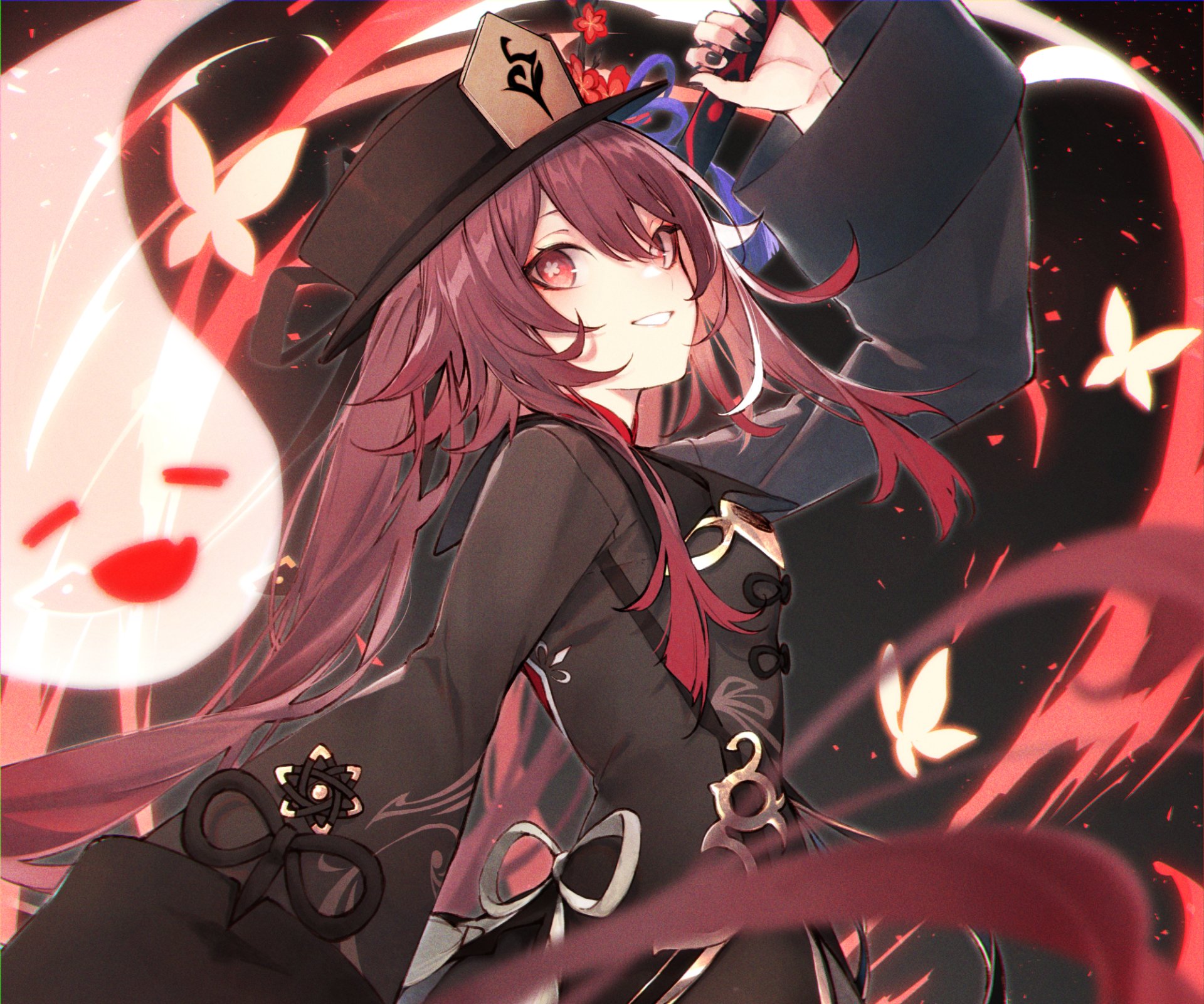 HD wallpaper and background featuring Hu Tao from the video game Genshin Impact, with vibrant red hues, glowing butterflies, and an ethereal, smiling figure.