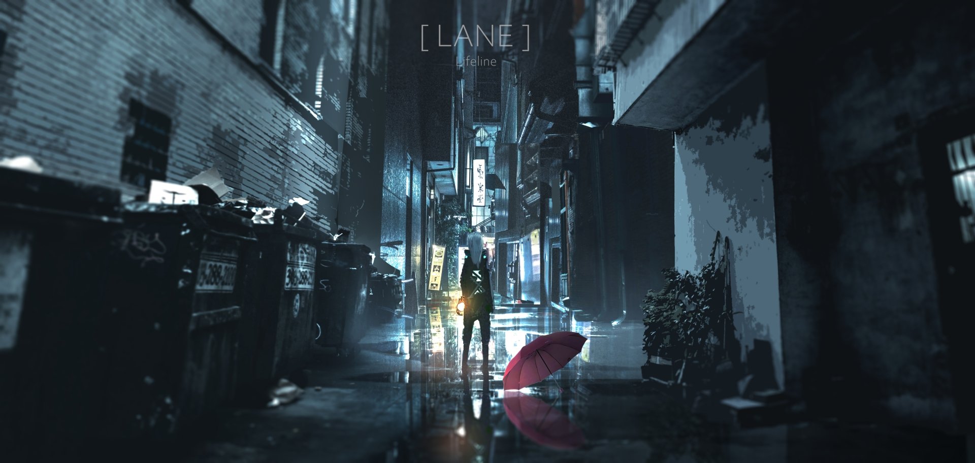 HD anime-themed desktop wallpaper depicting a nighttime street scene with dim lights, wet pavement, and a lone red umbrella in the foreground. The atmosphere is moody and reflective.