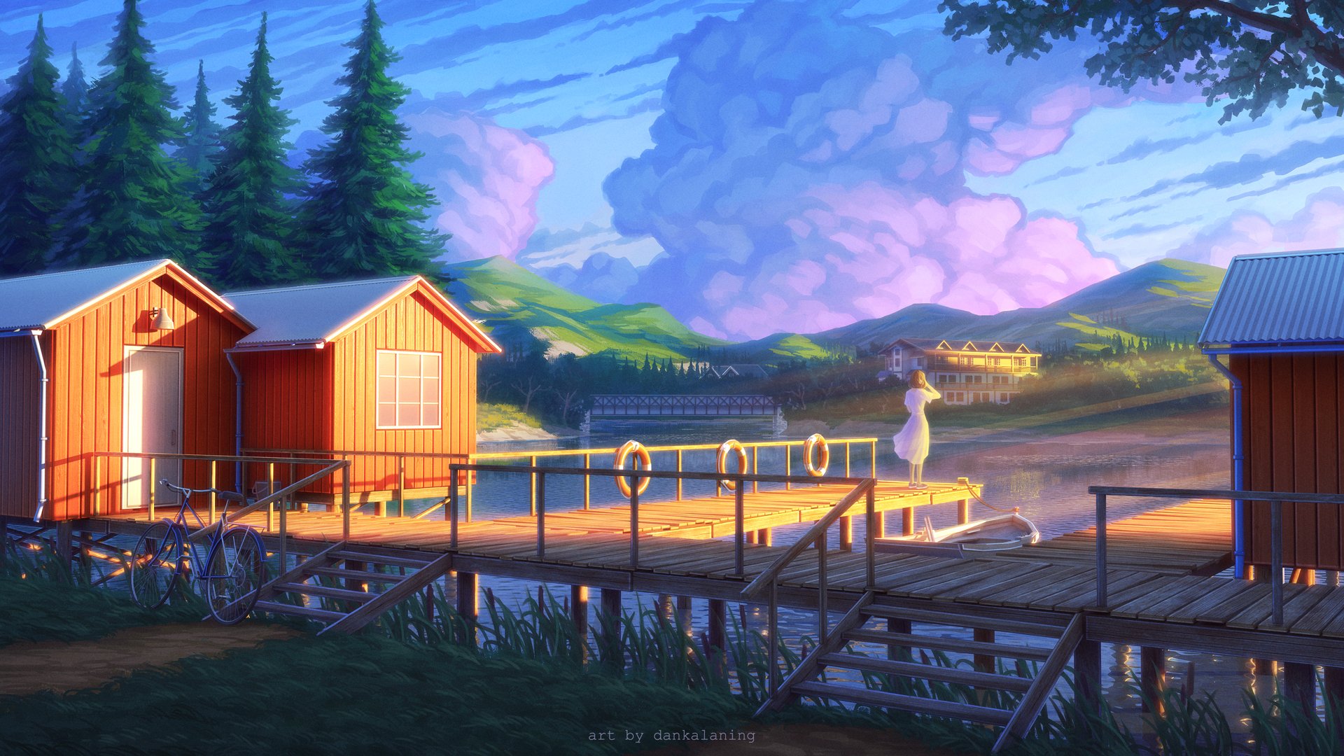 HD anime landscape wallpaper featuring a serene lakeside scene with wooden cabins, a dock, and a bicycle against a vibrant sky and distant mountains.