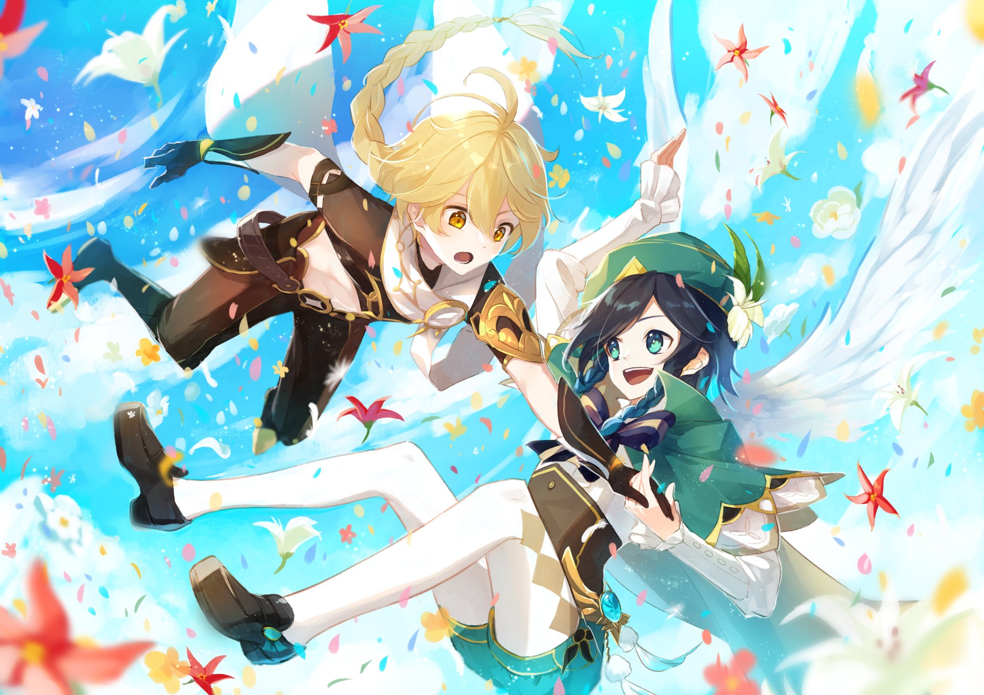 Venti and Aether from Genshin Impact fly through a bright sky of petals and wind — vibrant 2K Quad HD PC desktop wallpaper, video game fan art.