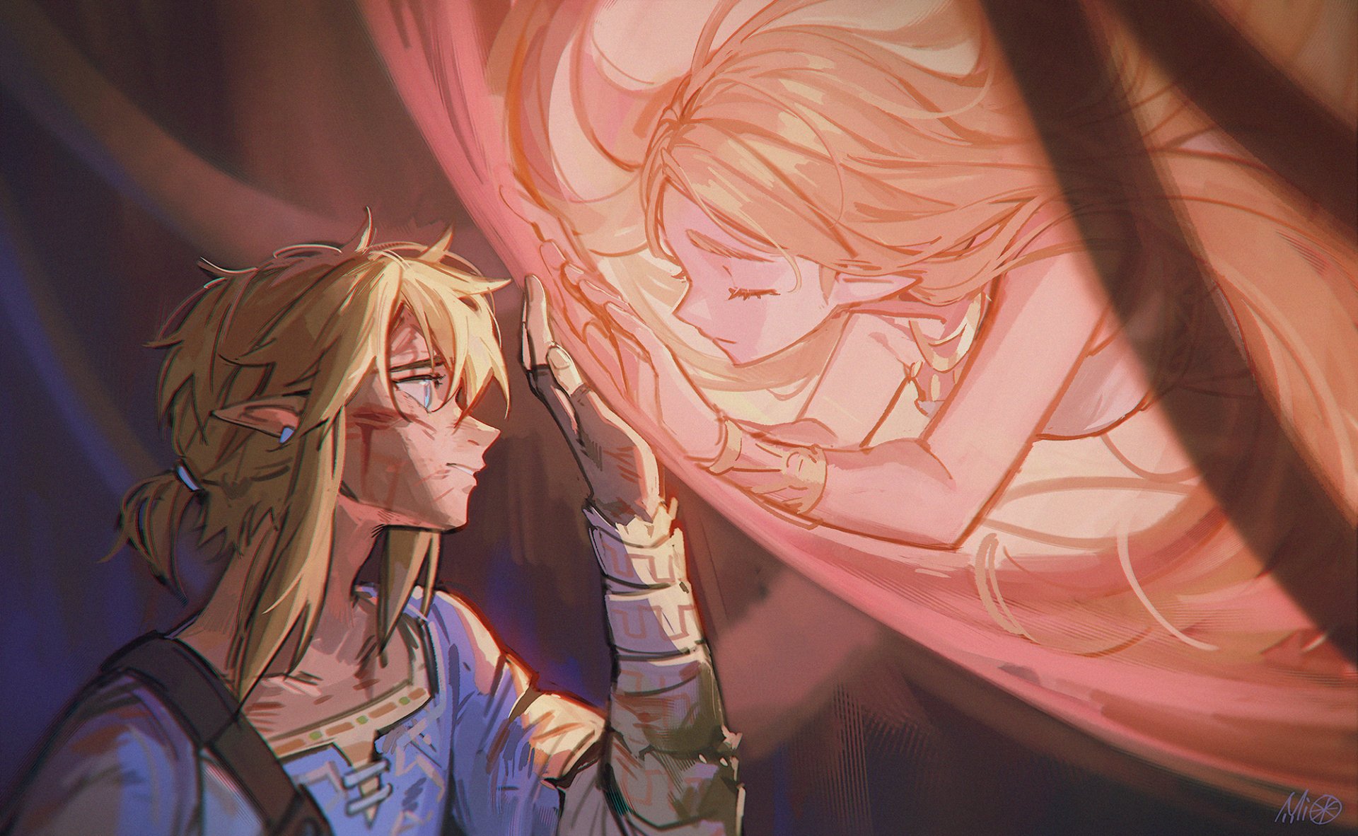 Link reaches out to a glowing, sleeping Princess Zelda in a magical cocoon — art from the video game The Legend of Zelda: Breath of the Wild, HD PC desktop wallpaper.