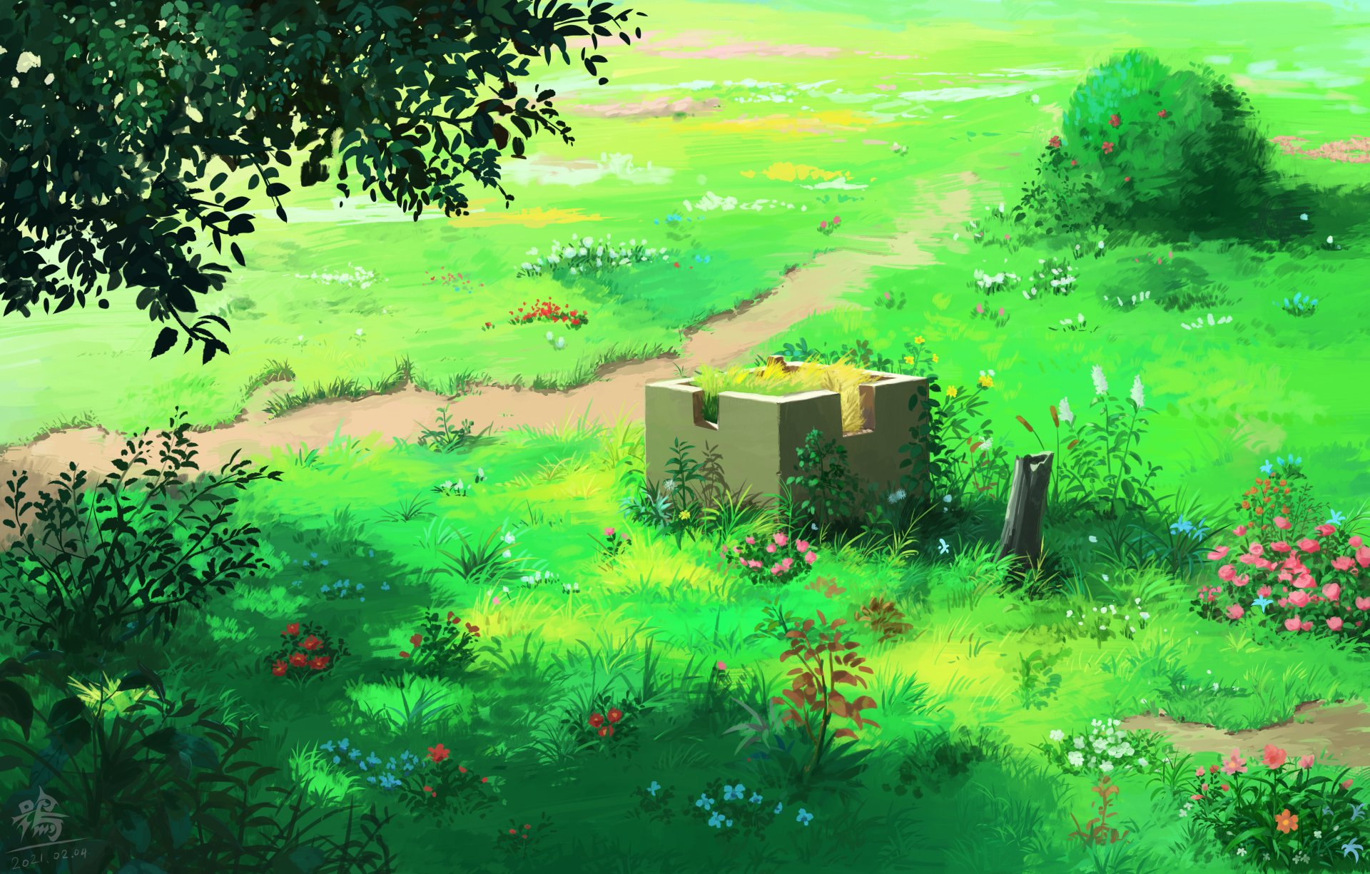 Anime landscape featuring a lush, green meadow with vibrant flowers and a stone well, rendered in stunning 4K Ultra HD as a PC desktop wallpaper.