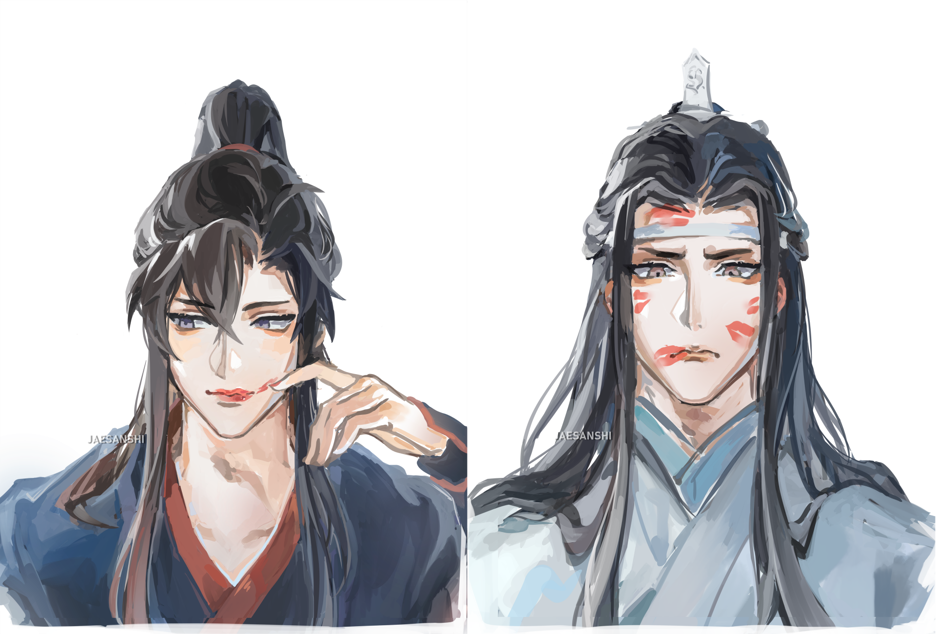 5K Ultra HD anime desktop wallpaper: side-by-side portraits of Wei Wuxian (playful smirk) and Lan Wangji (reserved, blushing) from Mo Dao Zu Shi.
