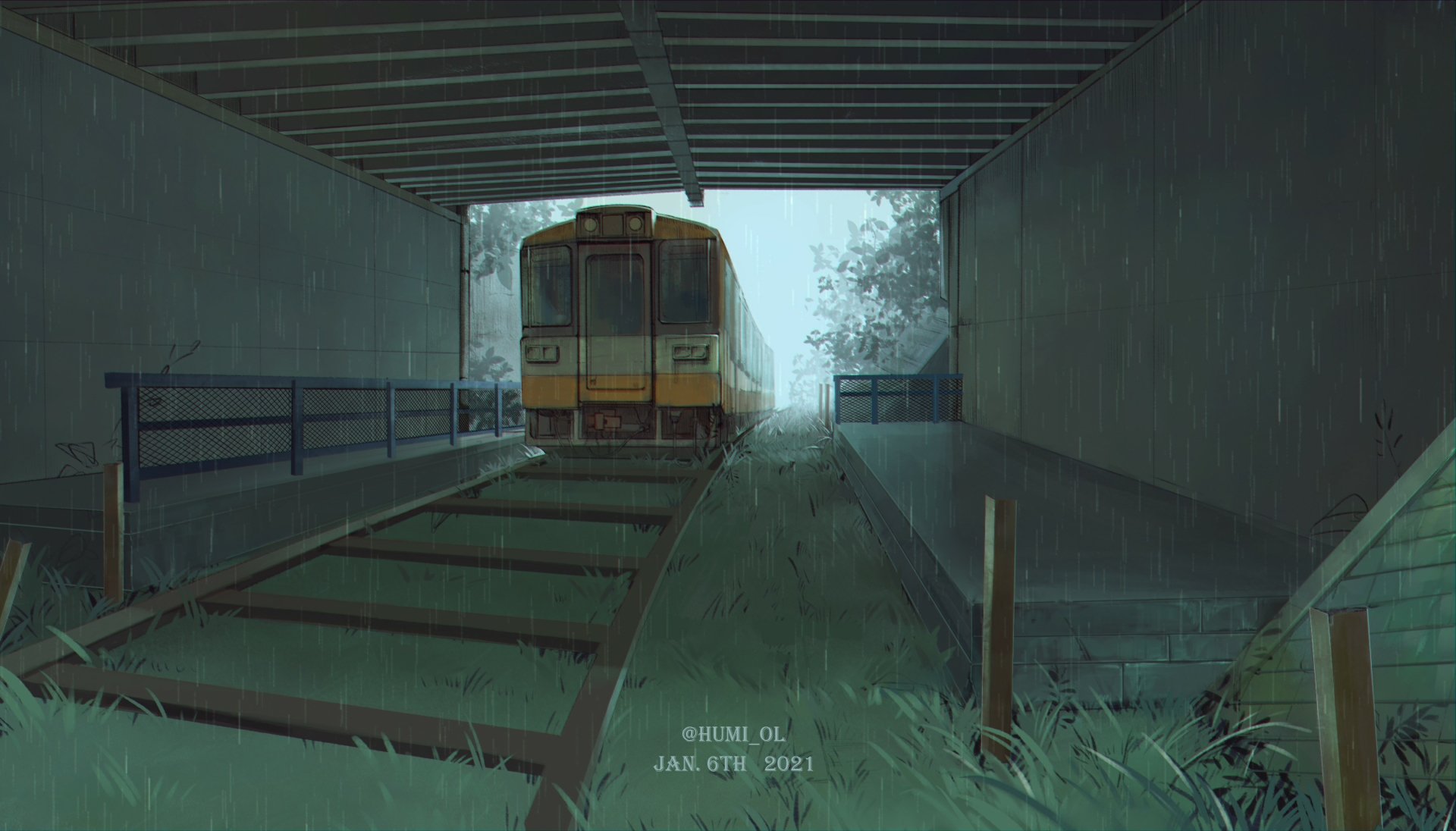 Anime-style HD desktop wallpaper depicting a train on rain-soaked tracks beneath a bridge, blending urban and natural elements in a serene, moody scene.