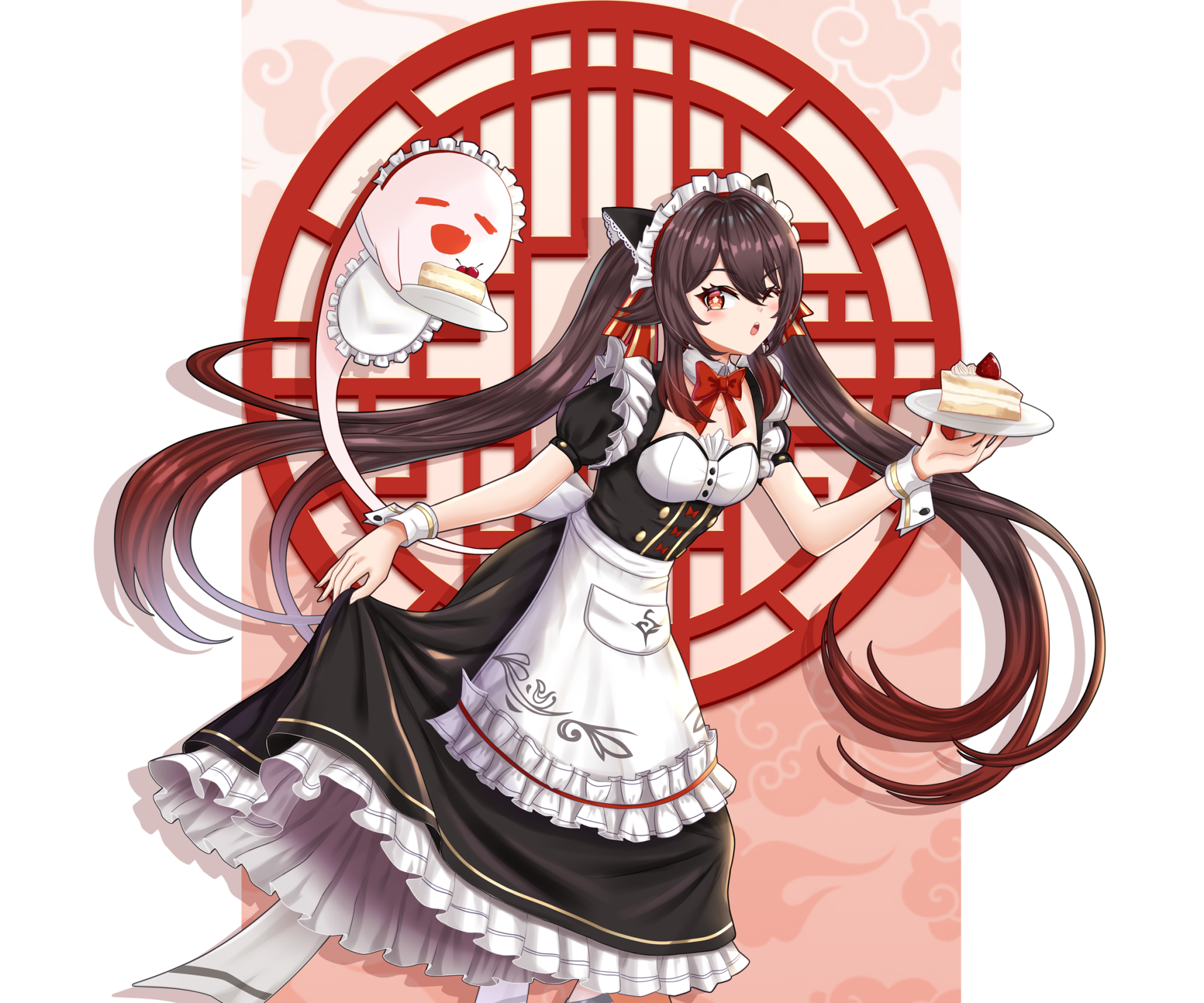 HD desktop wallpaper featuring Hu Tao from the video game Genshin Impact, dressed in a maid outfit and holding a slice of cake. The background showcases a red circular pattern.