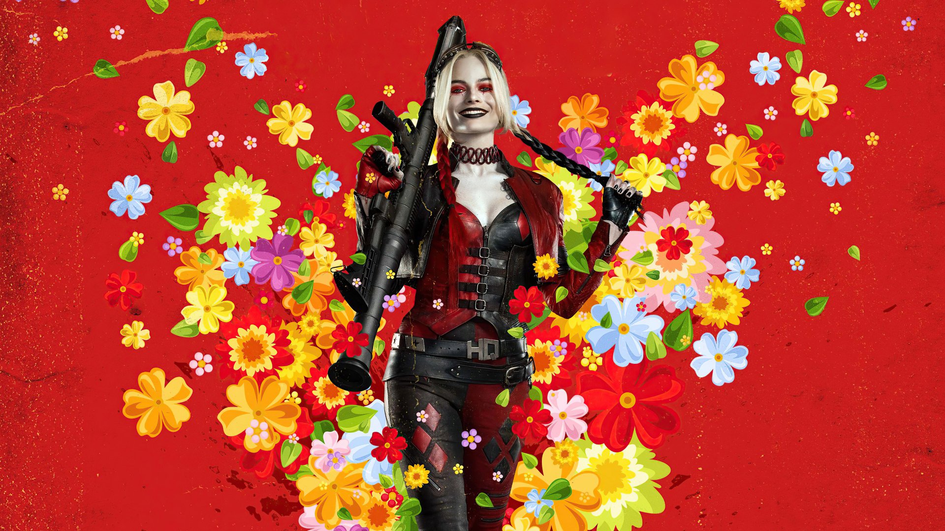 Harley Quinn as portrayed by Margot Robbie in The Suicide Squad, featured in vibrant 8K Ultra HD PC desktop wallpaper with colorful floral background.