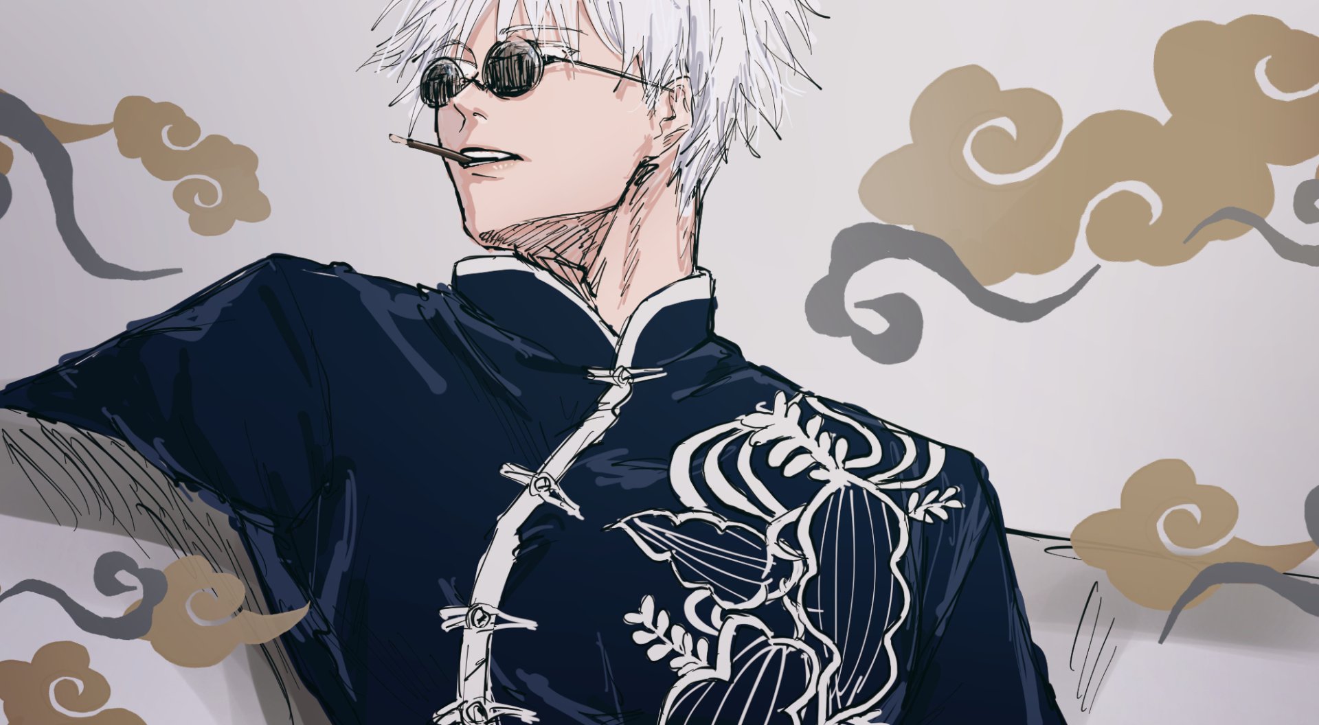 HD anime desktop wallpaper featuring Satoru Gojo with white hair, wearing glasses and a detailed dark outfit from Jujutsu Kaisen.