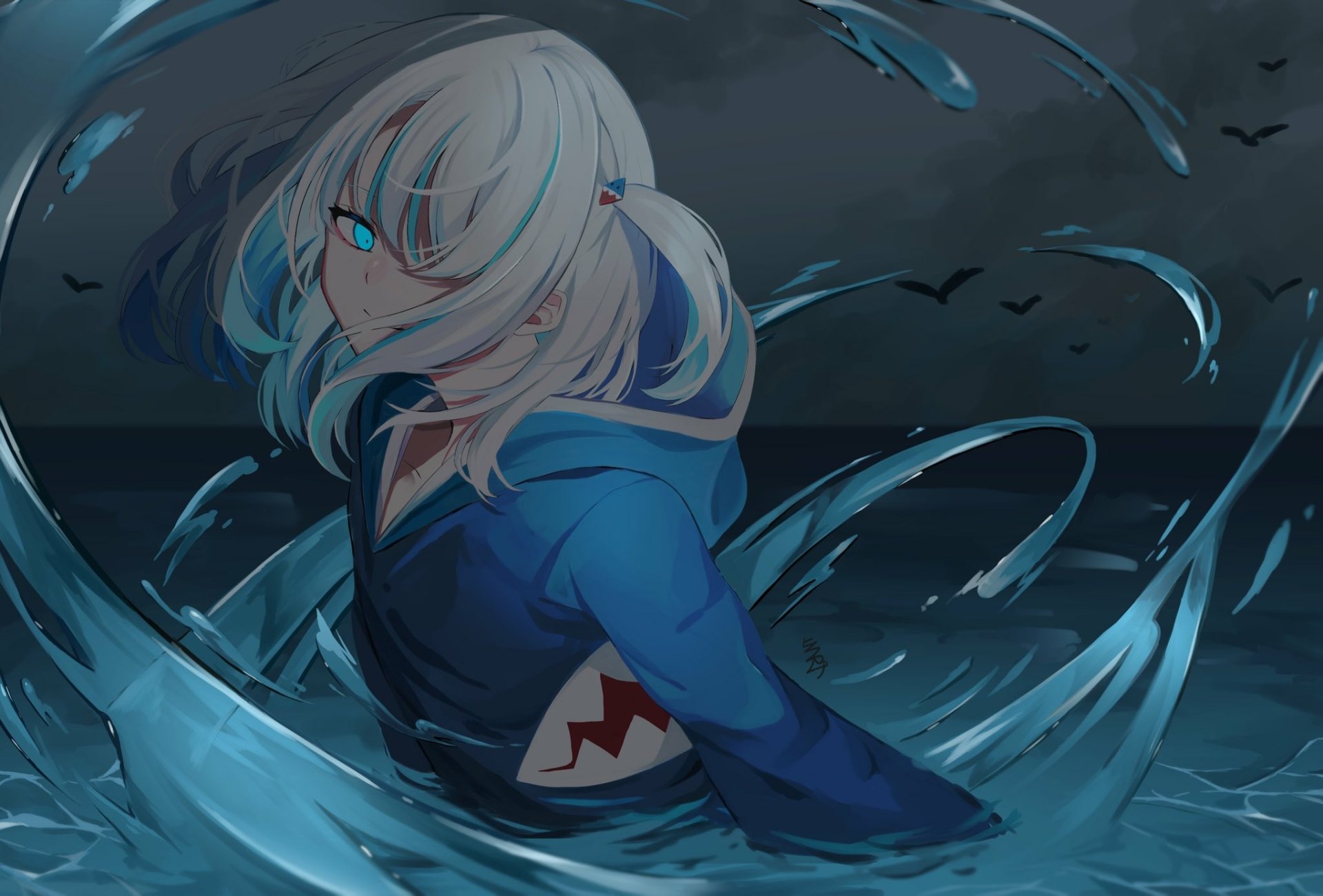 HD PC desktop wallpaper featuring Gawr Gura from hololive, an anime-style Virtual YouTuber with white hair and striking blue eyes surrounded by swirling water effects.