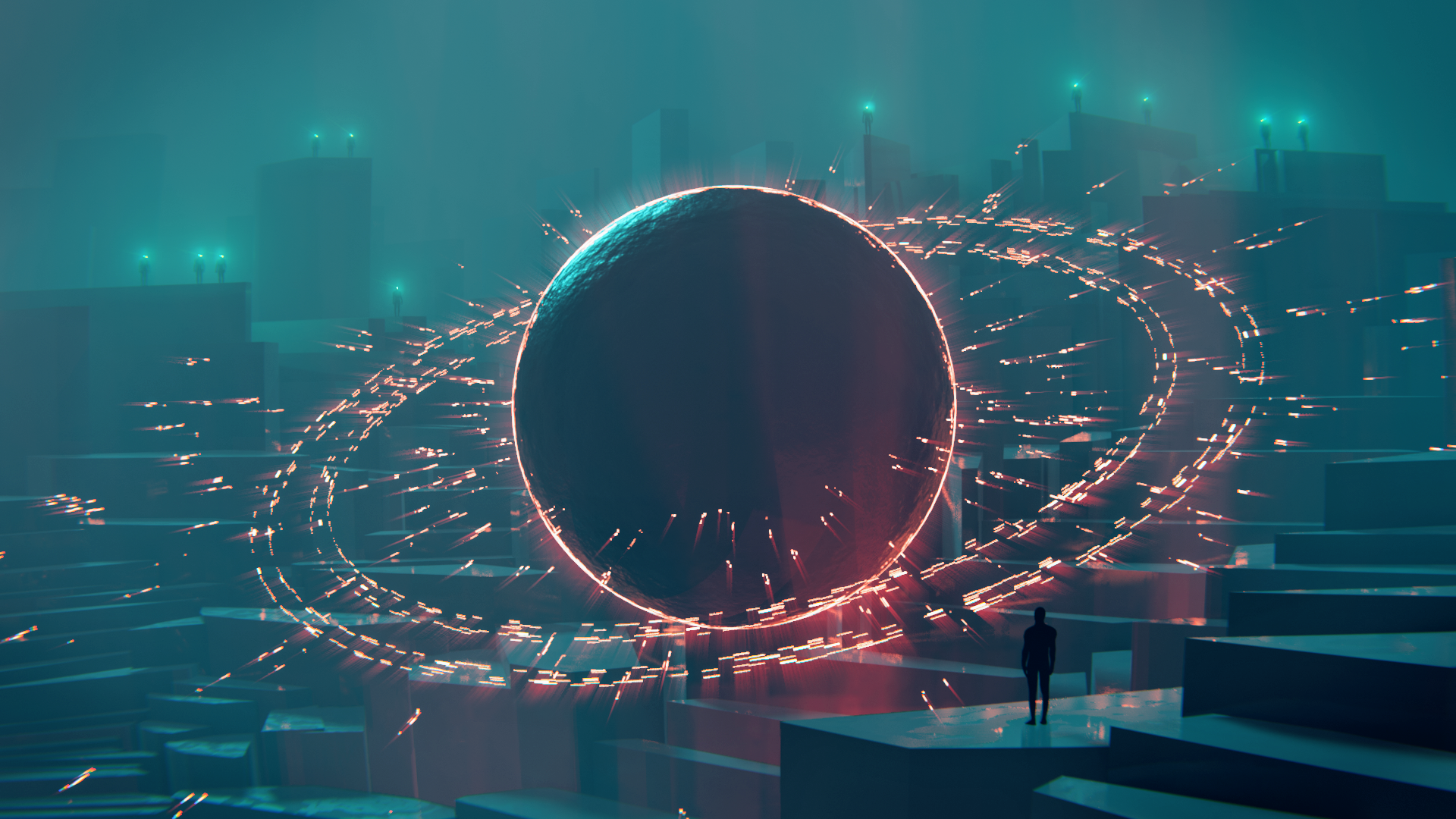 A futuristic sci-fi structure glows with neon rings above a cityscape, captured in HD detail for a PC desktop wallpaper background.