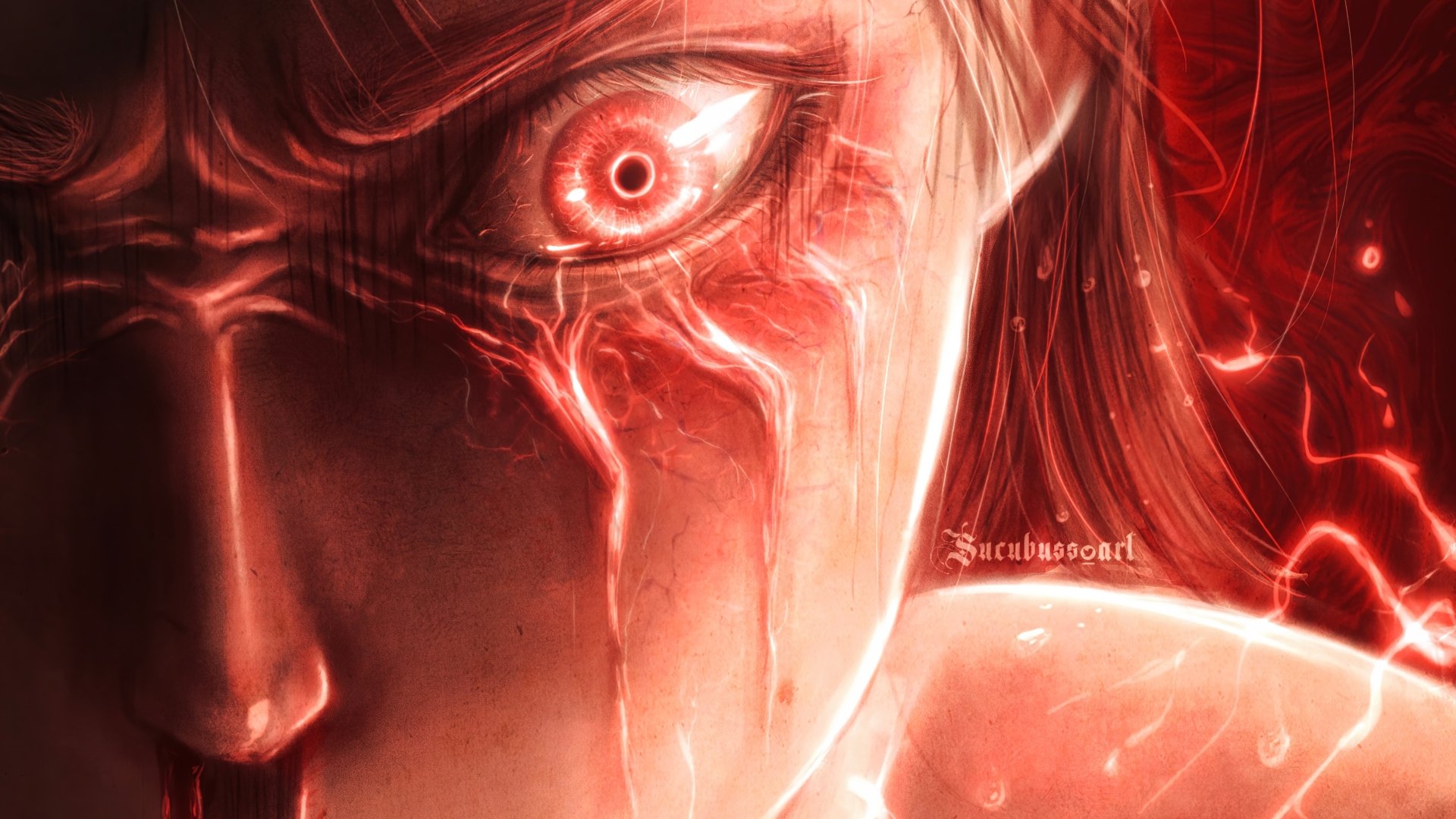Close-up of Eren Yeager’s fierce, glowing eye with blood and intense red hues from the anime Attack on Titan, rendered in 4K Ultra HD for a PC desktop wallpaper.