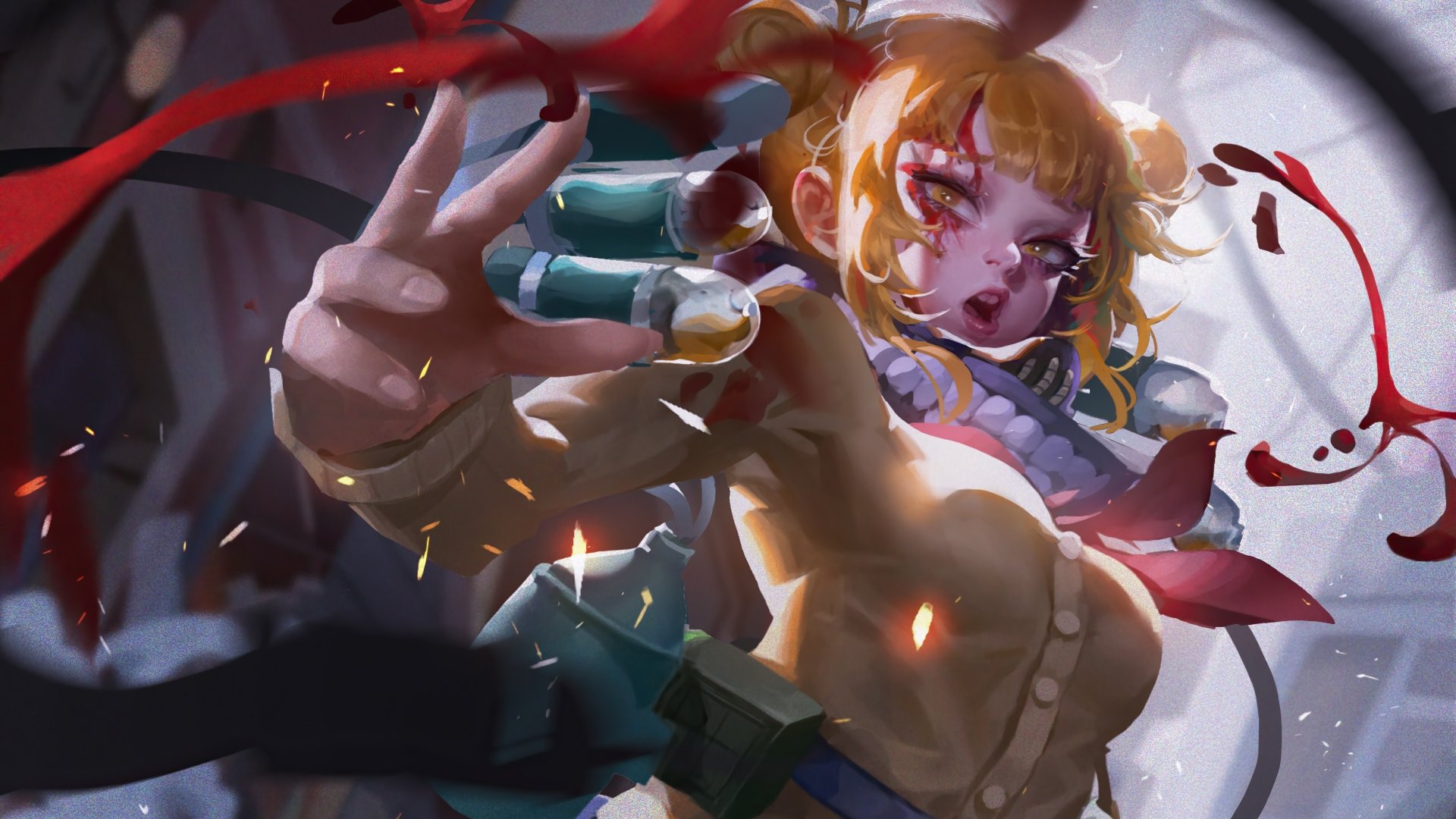 Himiko Toga from My Hero Academia in a dynamic, blood-splattered anime portrait — vivid 4K Ultra HD PC desktop wallpaper and background.