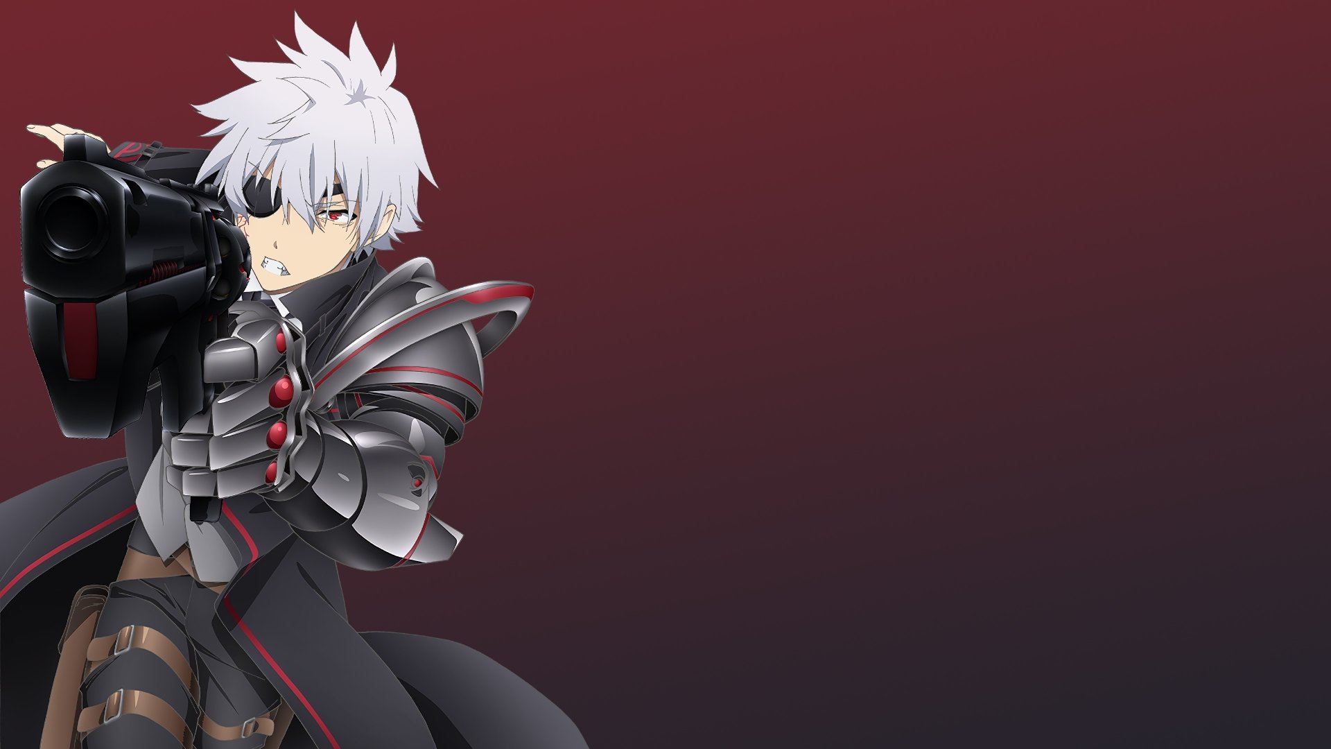 Hajime Nagumo (Arifureta: From Commonplace to World's Strongest) in dark armor with white hair, wielding a giant gun on a red-gradient 4K Ultra HD PC desktop wallpaper.