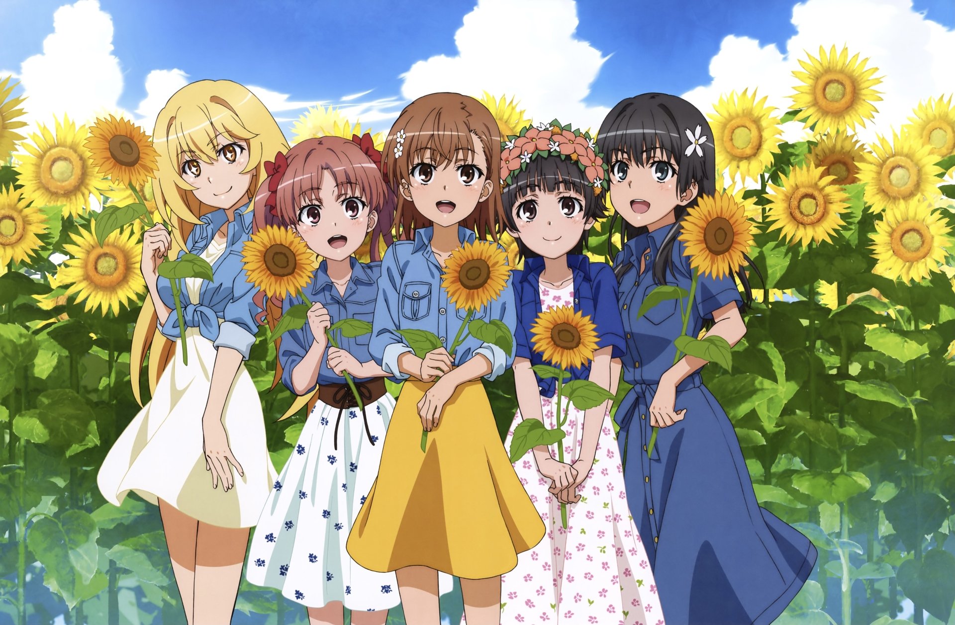 5K Ultra HD PC desktop wallpaper of A Certain Scientific Railgun: Kazari Uiharu, Misaki Shokuhou, Kuroko Shirai, Ruiko Saten, and Mikoto Misaka smiling in a sunflower field.