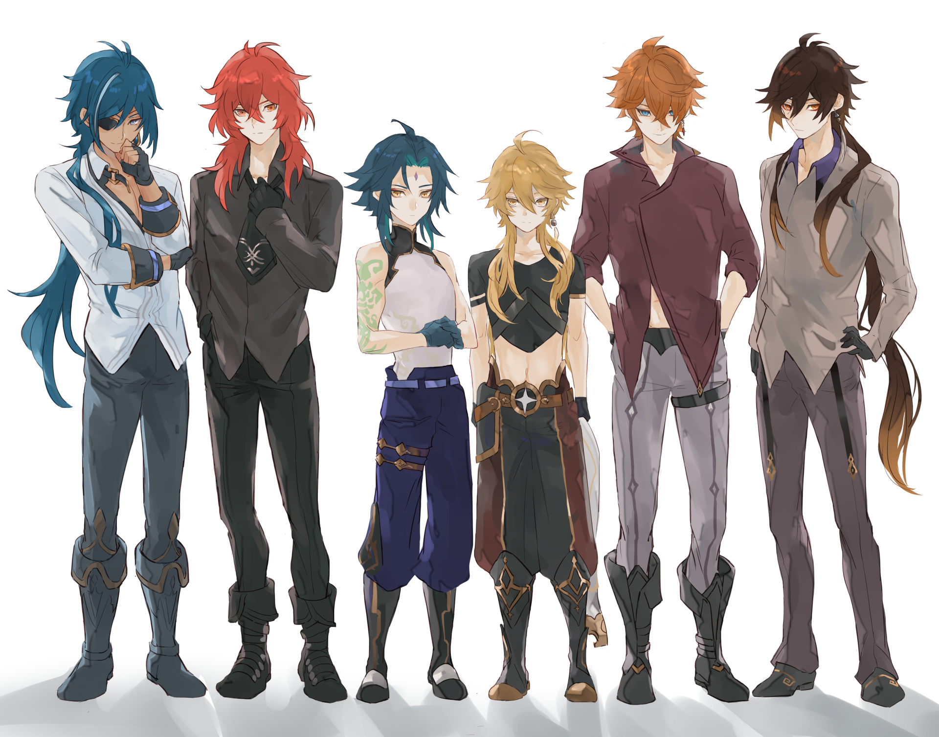 HD PC desktop wallpaper featuring Genshin Impact characters Kaeya, Diluc, Zhongli, Xiao, Tartaglia (Childe), and Aether from the video game Genshin Impact.