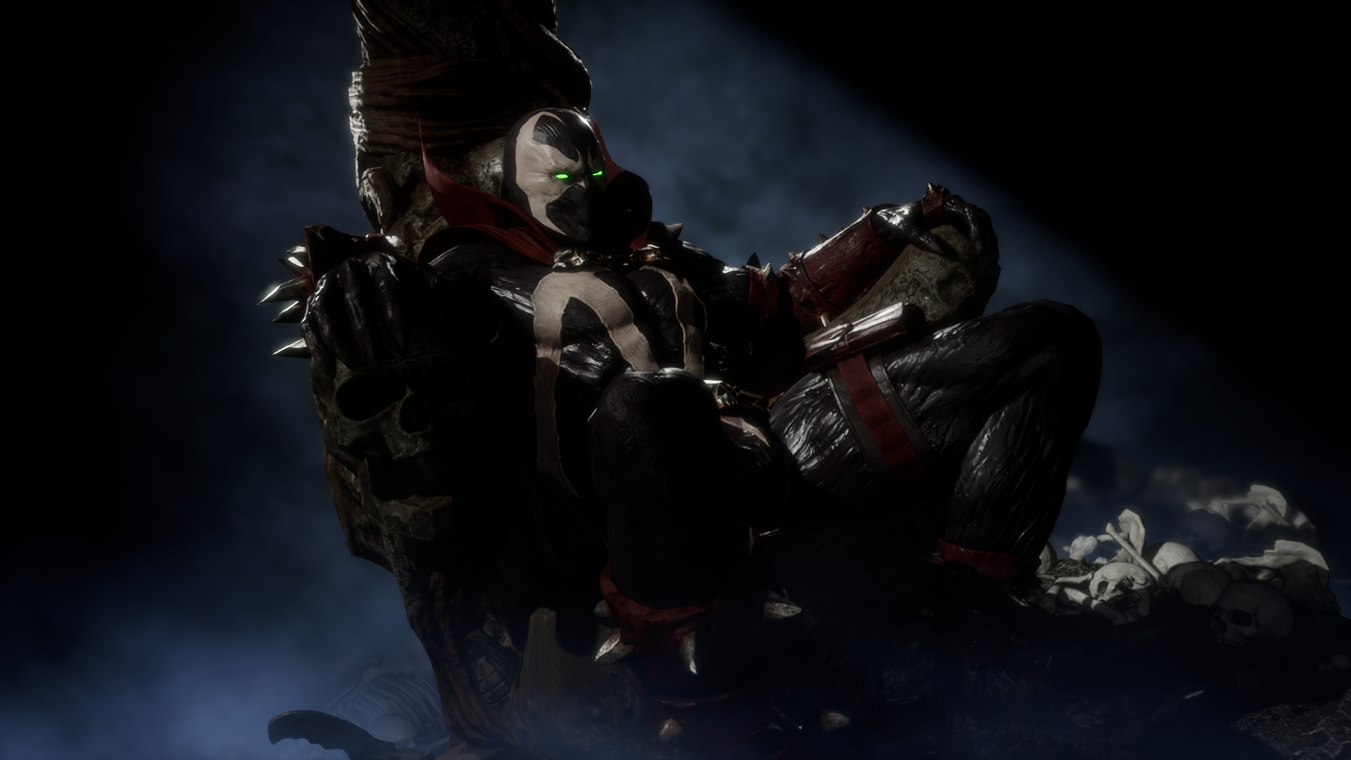 HD PC desktop wallpaper of Spawn (Marvel Comics) from Mortal Kombat 11, reclining on a dark throne with glowing green eyes, chains and skulls amid a smoky, shadowy background.