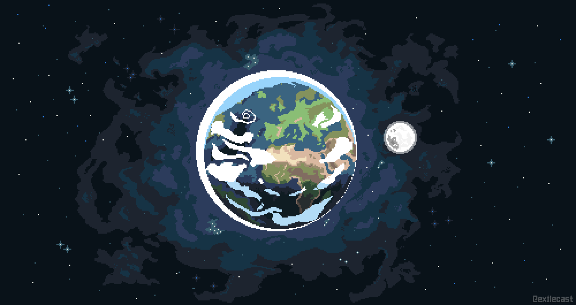 A pixel art depiction of Earth surrounded by space, featuring vibrant colors and details, presented as a stunning 4K Ultra HD desktop wallpaper and background.