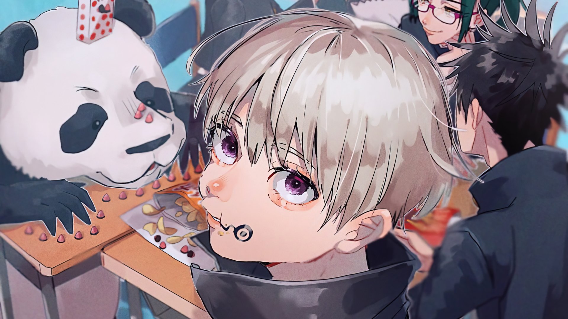 This HD wallpaper features Toge Inumaki with purple eyes and white hair, alongside Panda, Maki Zenin, and Megumi Fushiguro from the anime Jujutsu Kaisen, in a lively scene.