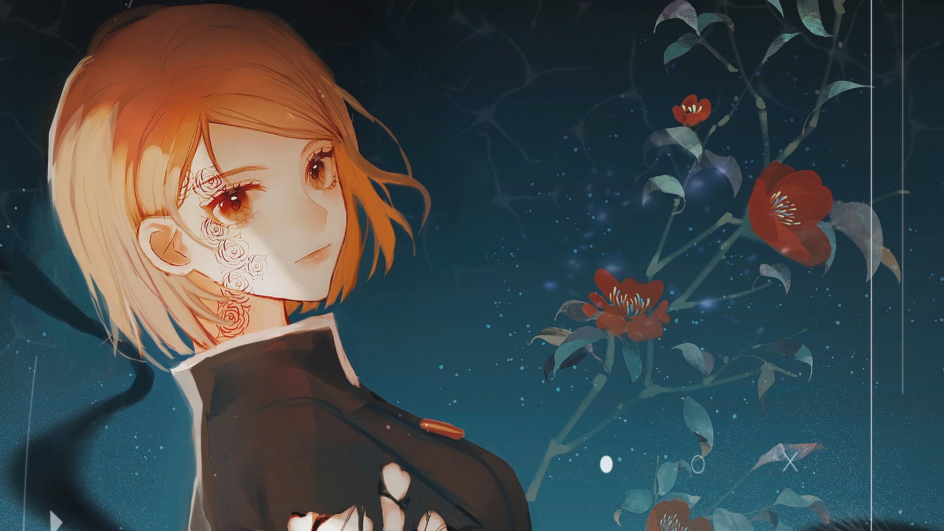 An HD desktop wallpaper featuring Nobara Kugisaki from the anime Jujutsu Kaisen, with brown eyes and hair, in a school uniform, against a dark, floral background.