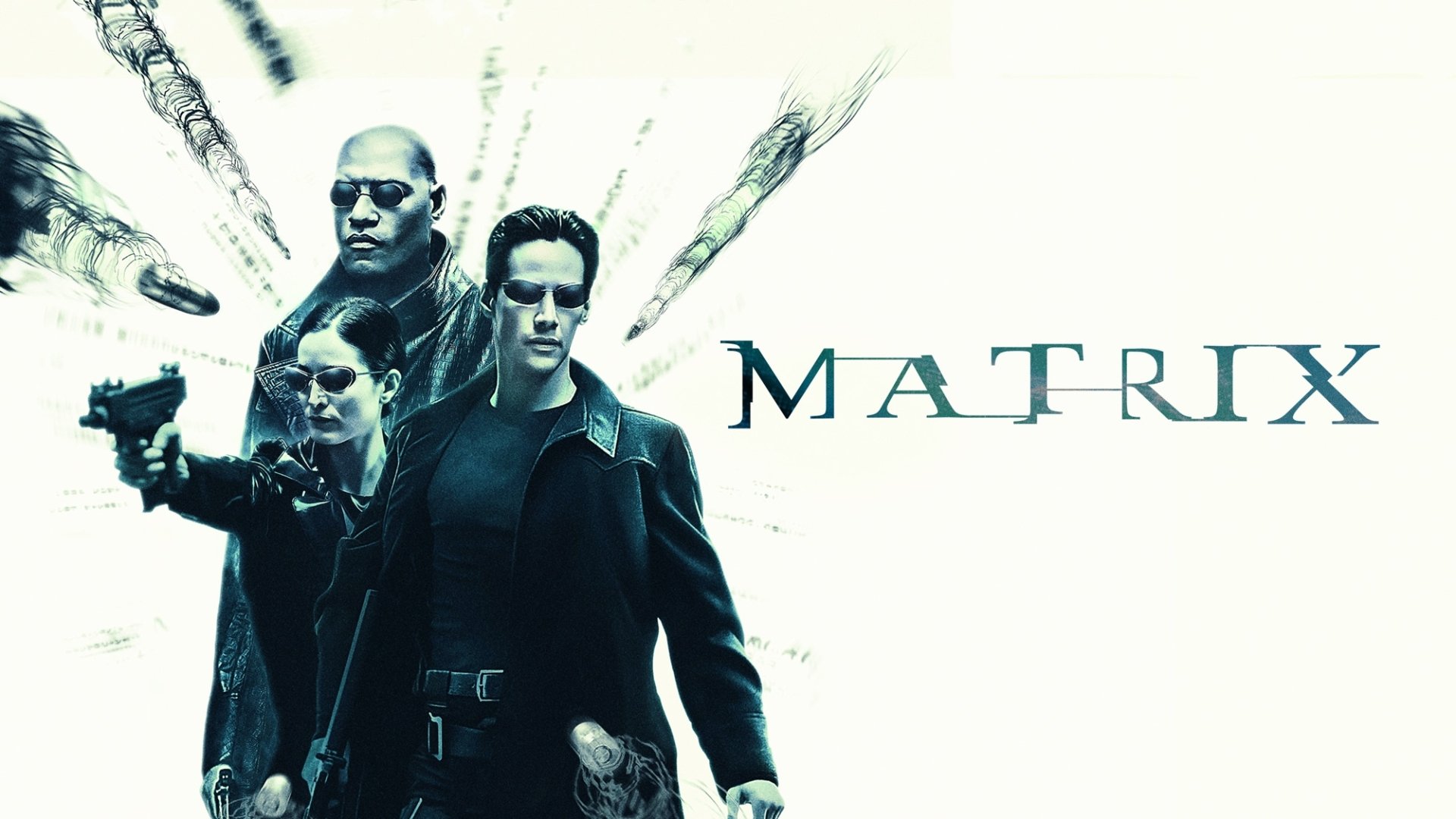 HD desktop wallpaper from the movie The Matrix featuring Laurence Fishburne, Carrie-Anne Moss, and Keanu Reeves in iconic action poses.