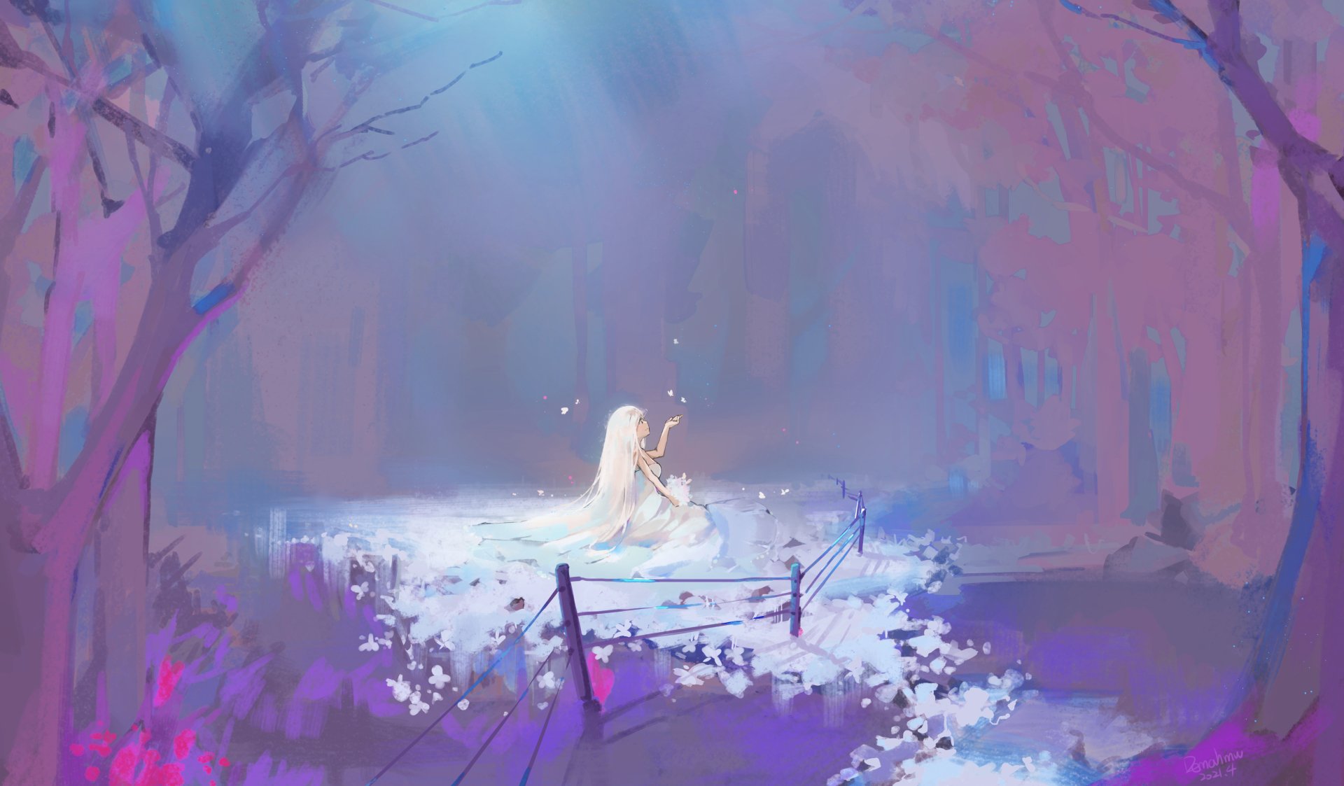 A white-haired anime girl sits glowing softly in a mystical, colorful forest clearing, depicted in a 4K Ultra HD anime-style desktop wallpaper.