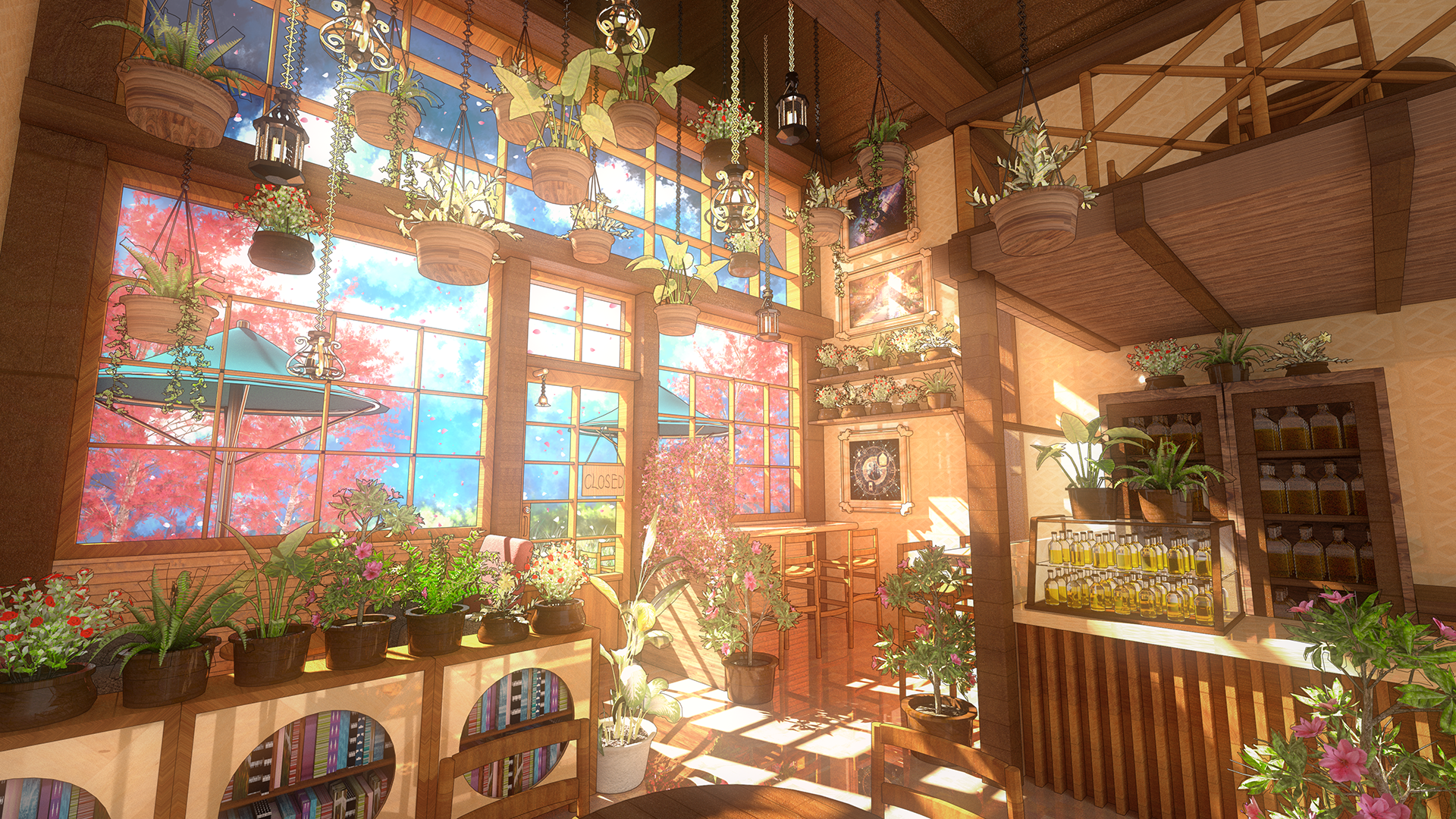HD anime desktop wallpaper featuring a sunlit, cozy anime-style room filled with plants, wooden furniture, and warm natural light streaming through large windows.