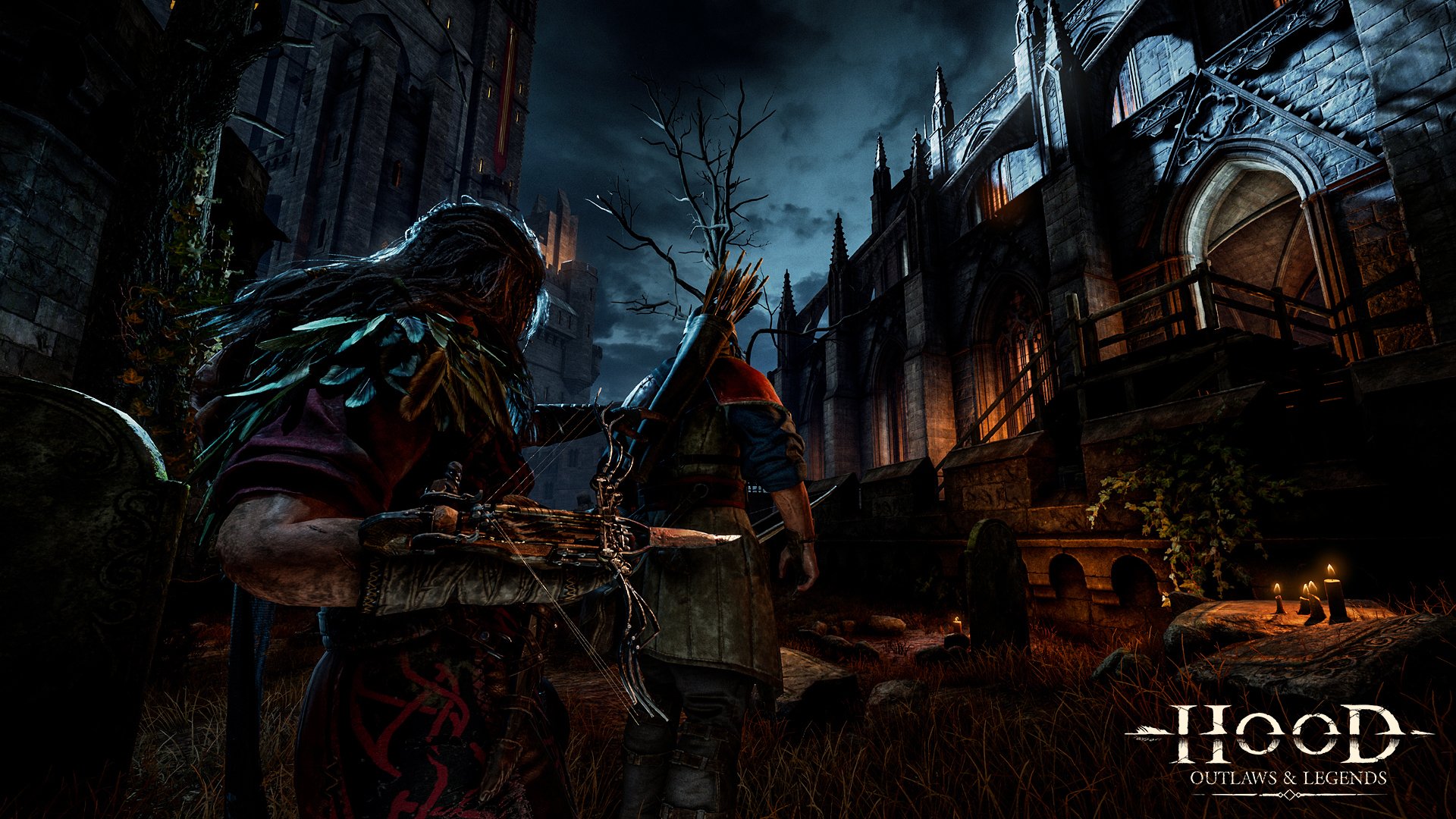 HD desktop wallpaper featuring character artwork from Hood: Outlaws & Legends video game with a dark medieval backdrop.