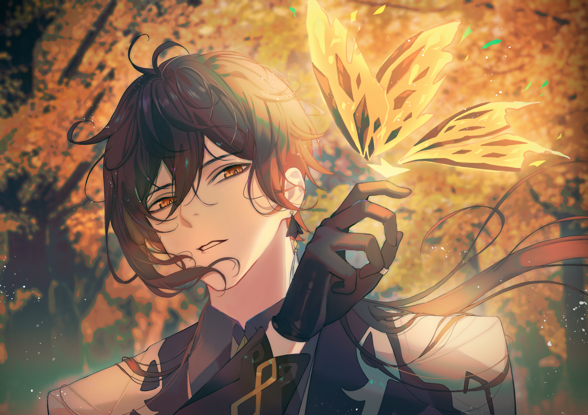 HD PC desktop wallpaper featuring Zhongli from the video game Genshin Impact, holding a glowing butterfly with a warm, ethereal background.