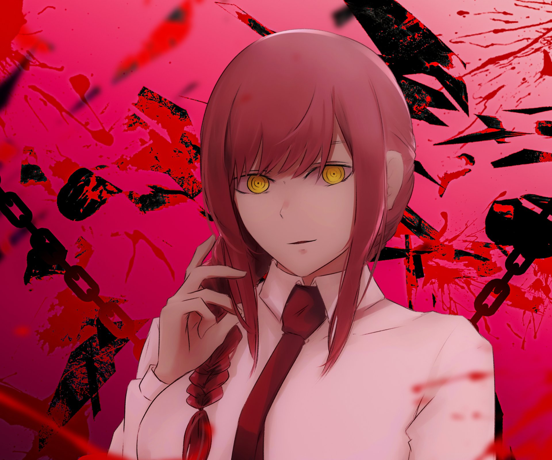 Makima from Chainsaw Man portrait with yellow eyes, red hair and tie, white shirt against a blood-red, crow-splattered background — 2K Quad HD anime PC desktop wallpaper