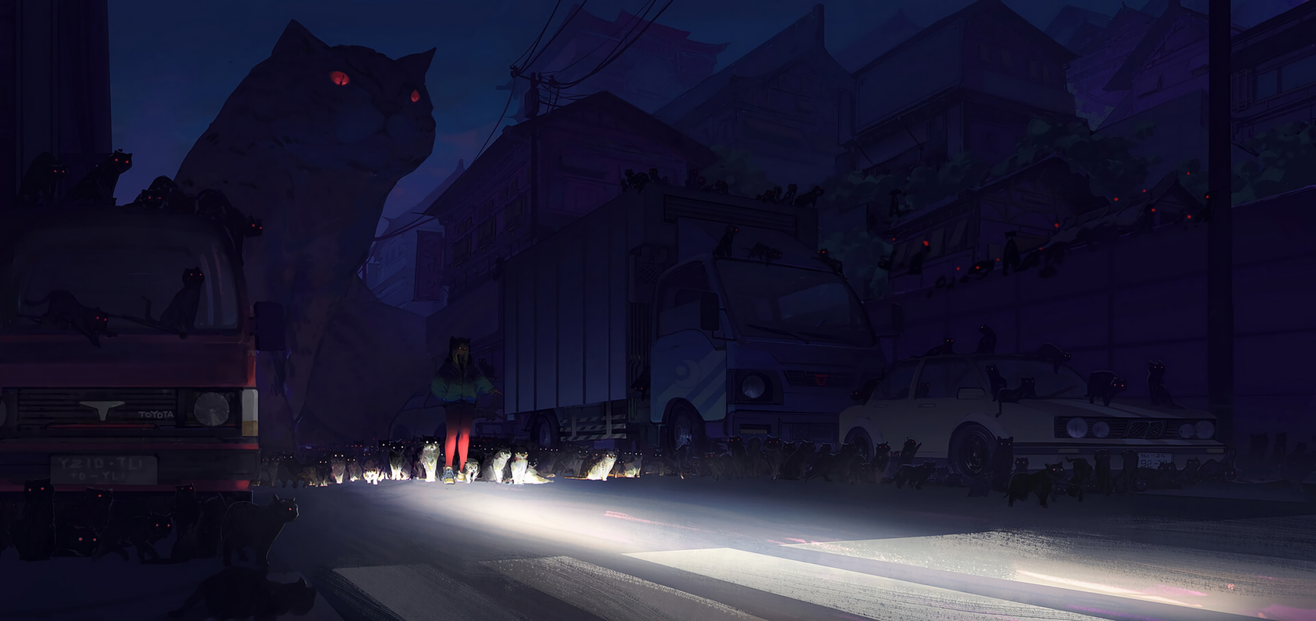 Anime HD PC desktop wallpaper and background: nocturnal city street lit by headlights, small figures on the road, and a towering shadowy anime cat with glowing red eyes looming over buildings.