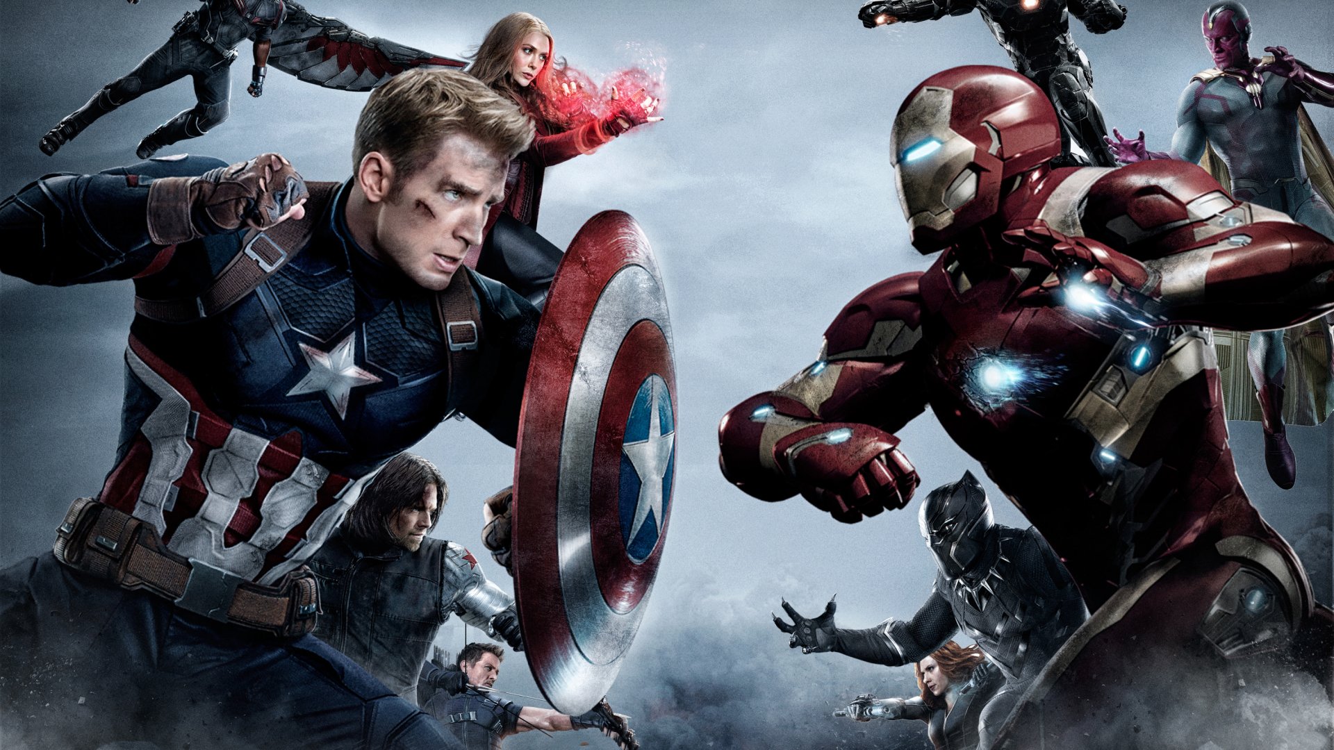 HD PC desktop wallpaper featuring Black Panther, Iron Man, Vision, Hawkeye, Winter Soldier, Scarlet Witch, and Captain America from the movie Captain America: Civil War.