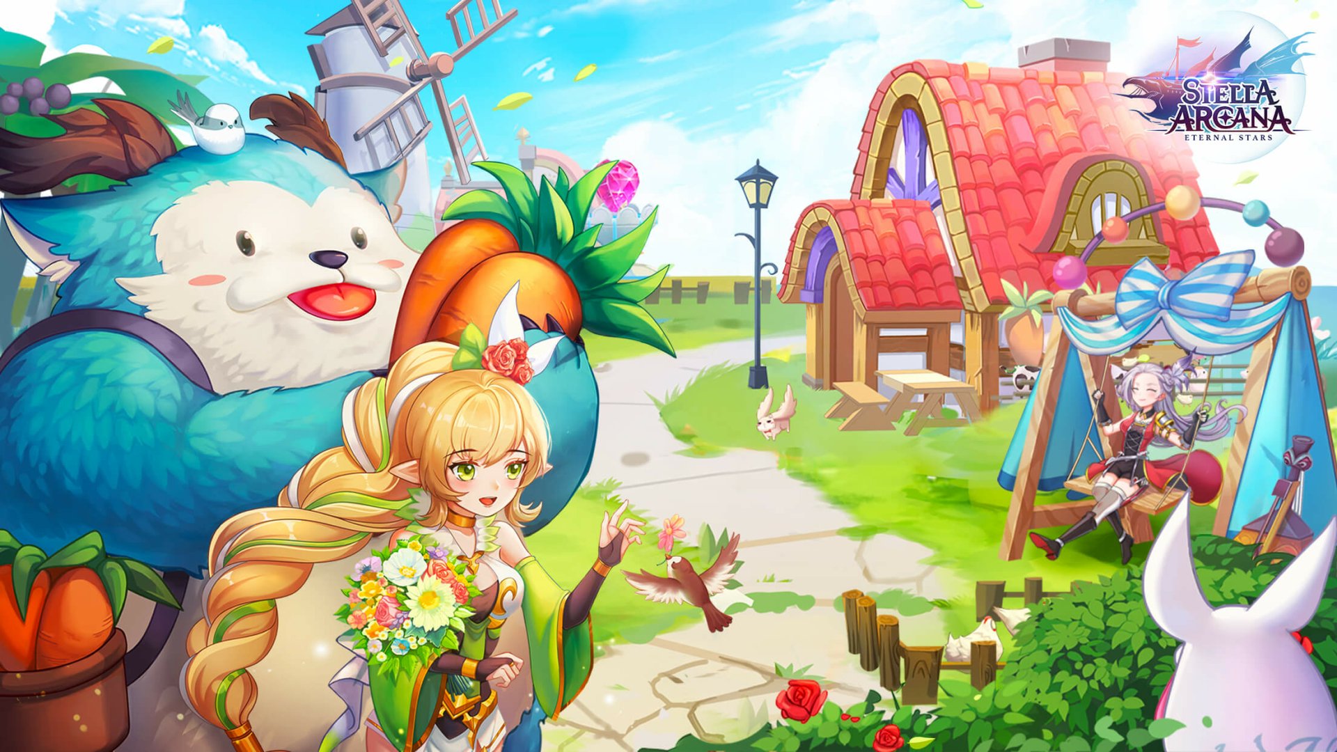 Stella Arcana HD desktop wallpaper featuring vibrant fantasy characters and a whimsical village backdrop.