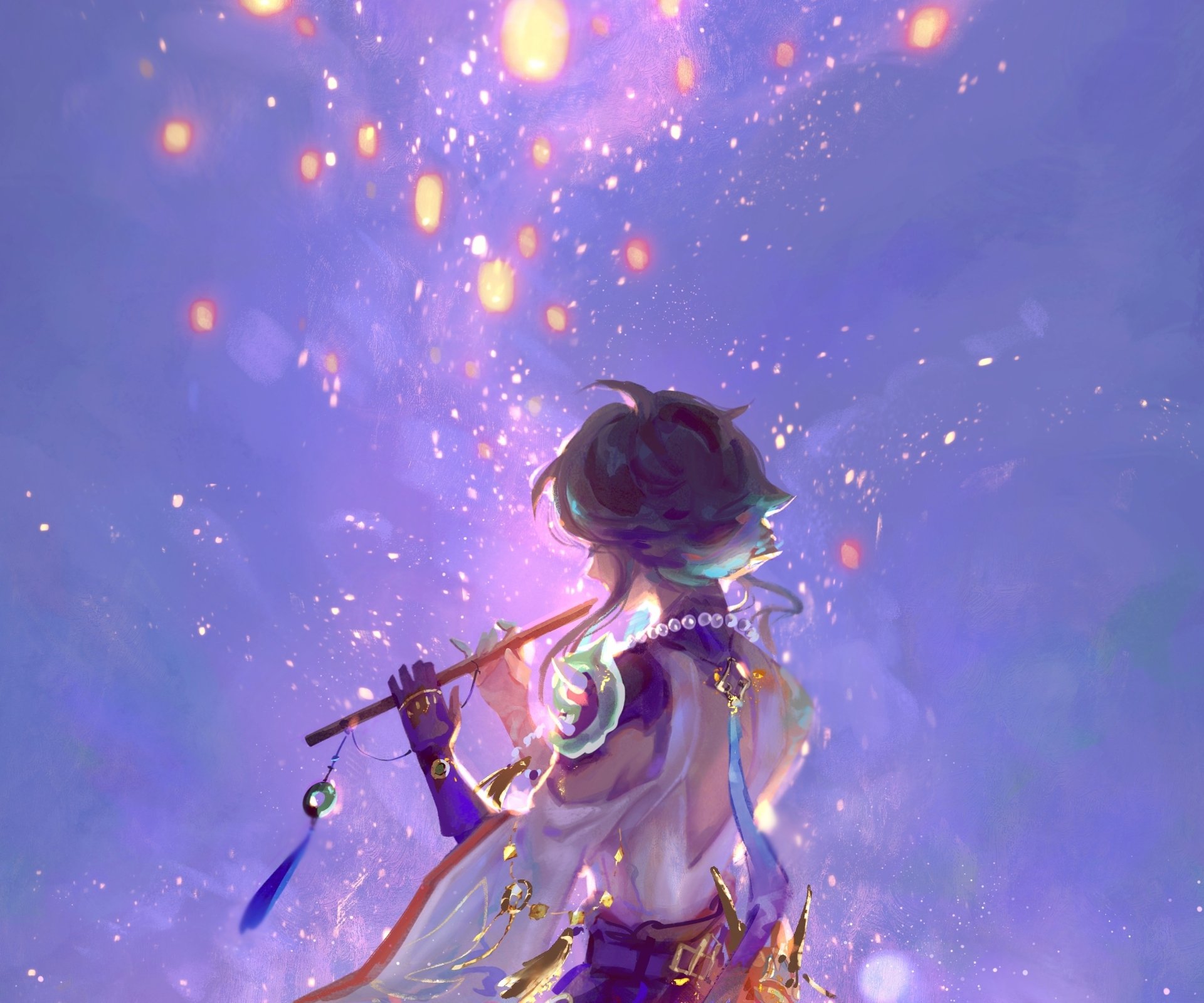 HD desktop wallpaper of Xiao from Genshin Impact, gazing into a mystical, glowing sky. The vivid colors and intricate design capture the essence of the popular video game, Genshin Impact.