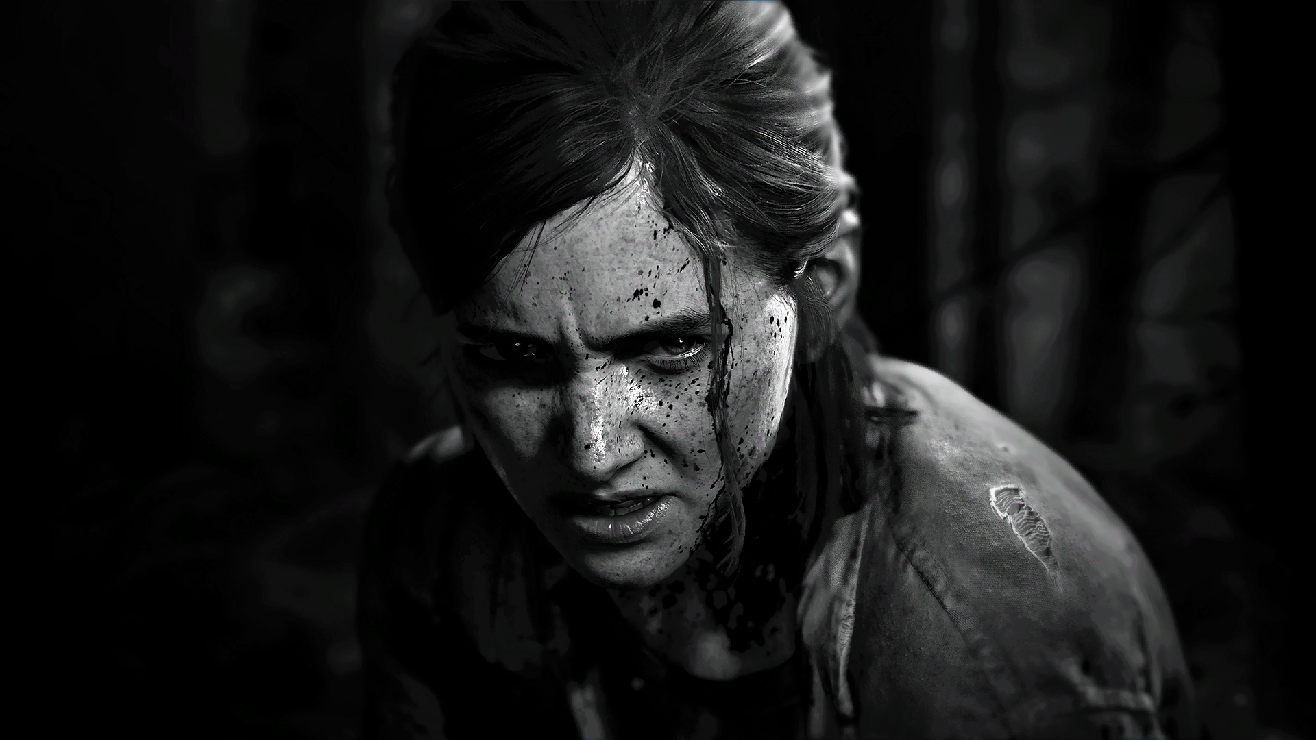 Close-up of Ellie from The Last of Us Part II, depicted in a gritty, intense black-and-white HD wallpaper for PC desktop background featuring video game art.