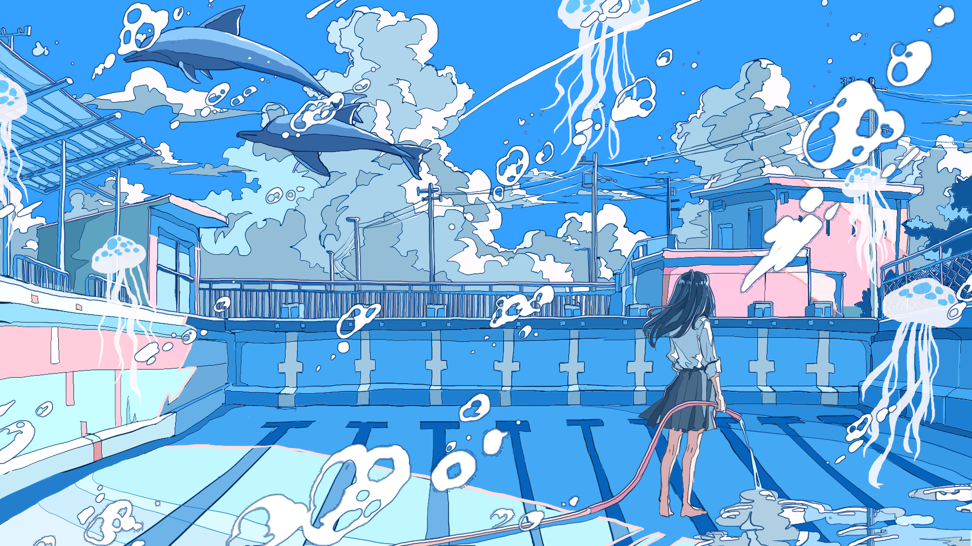 Anime girl with black hair stands by an empty pool filled with floating jellyfish and dolphins swimming in the sky, set against a bright blue HD desktop wallpaper background.