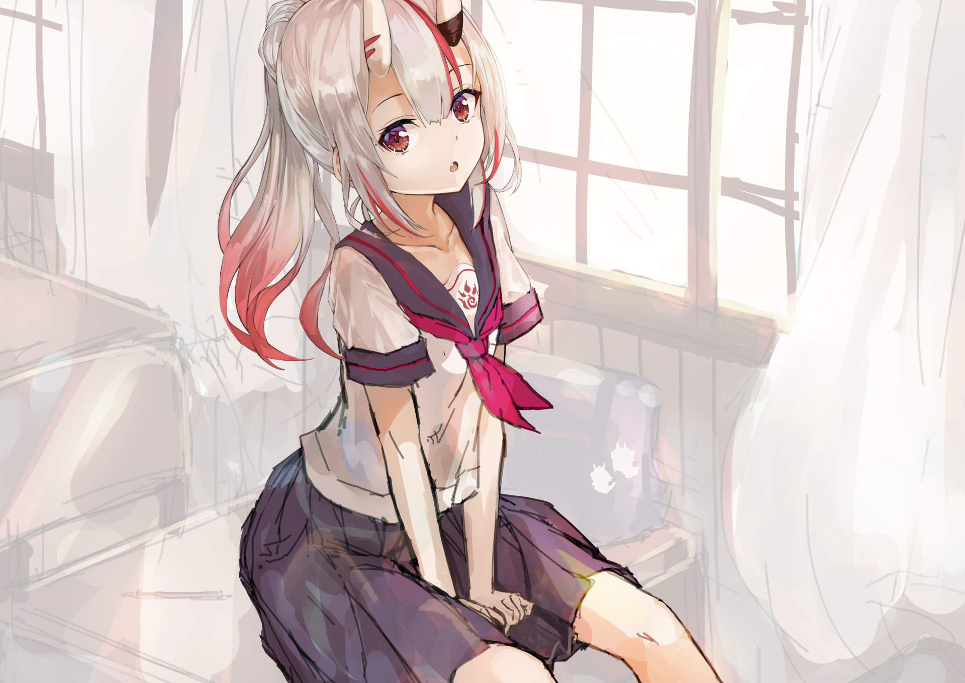 Anime-style 4K wallpaper of Nakiri Ayame from Hololive, featuring her two-toned white and red hair, red eyes, and school uniform in a softly lit room.