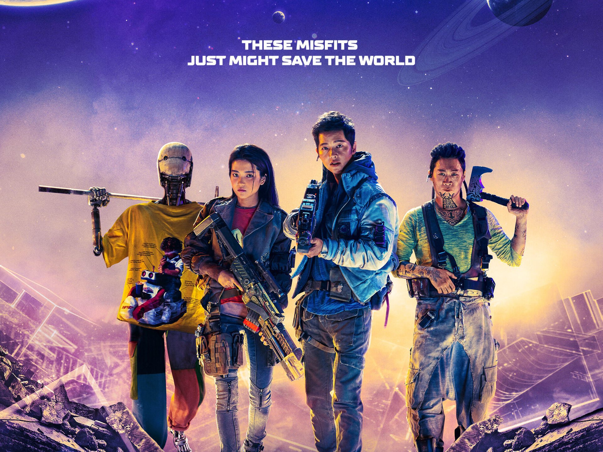Download Robot Bubs (Space Sweepers) Tiger Park (Space Sweepers) Jin Seon-kyu Captain Jang (Space Sweepers) Kim Tae-ri Tae-ho (Space Sweepers) Song Joong-ki Movie Space Sweepers HD Wallpaper