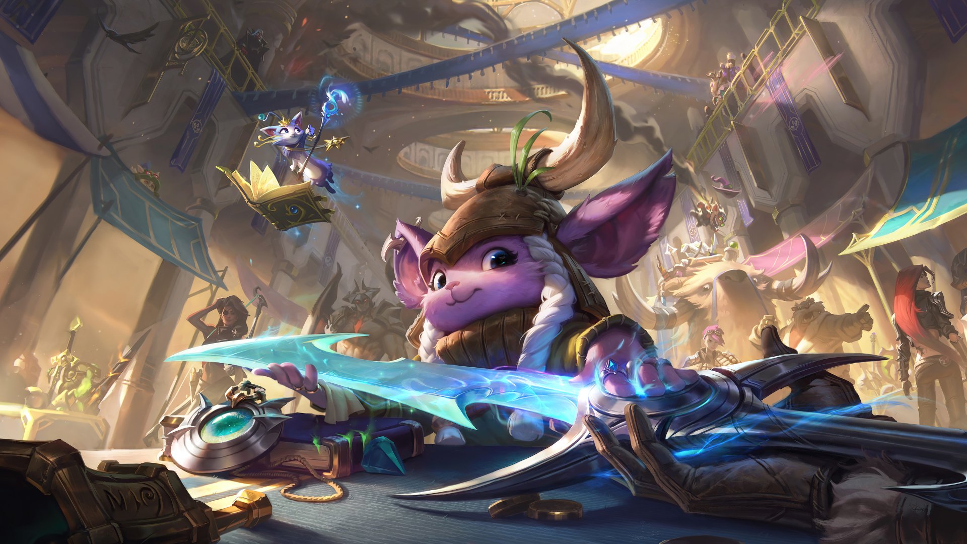 4K Ultra HD League of Legends wallpaper featuring Ziggs, Katarina, Vi, Aatrox, Yuumi, and Samira in a dynamic, detailed video game scene.