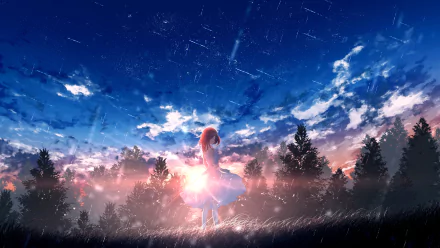 Anime girl stands amidst a forest at sunrise under a vibrant sky, captured in stunning 4K Ultra HD as a PC desktop wallpaper background.
