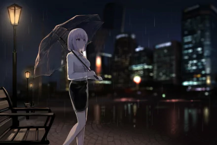 Anime girl with short pale hair holding a transparent umbrella on a rainy city waterfront at night — 4K Ultra HD PC desktop wallpaper background.