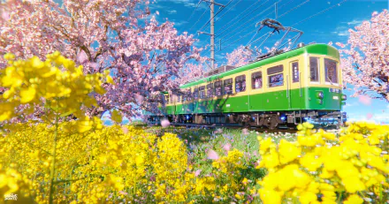 Anime-style train passes through vibrant sakura and yellow flowers under a clear blue sky, creating a colorful HD PC desktop wallpaper scene.