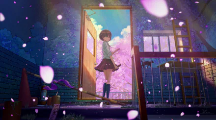 HD anime desktop wallpaper featuring a short-haired girl standing in a doorway framed by blooming sakura petals under a vibrant sky.