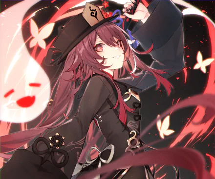 HD wallpaper and background featuring Hu Tao from the video game Genshin Impact, with vibrant red hues, glowing butterflies, and an ethereal, smiling figure.