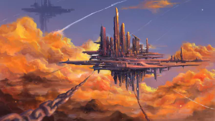 A futuristic sci-fi city floats above vibrant orange clouds under a twilight sky, captured in 4K Ultra HD for a stunning PC desktop wallpaper.