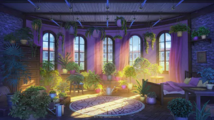 Sunbeam filters through tall windows into an anime-style room filled with hanging and potted plants, creating a warm, lush atmosphere in this HD desktop wallpaper.